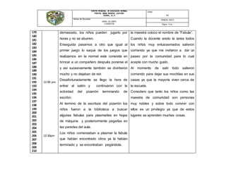 CENTRO REGIONAL DE EDUCACIÓN NORMAL
PROFRA. AMINA MADERA LAUTERIO
CEDRAL, S.L.P.
Código:
N/A
Nombre del Documento:
DIARIO DE CAMPO
V SEMESTRE
PRIMERA PARTE
Página: 14 de -
179
180
181
182
183
184
185
186
187
188
189
190
191
192
193
194
195
196
197
198
199
200
201
202
203
204
205
206
207
208
209
210
12:00 pm
12:30pm
demasiado, los niños pueden jugarlo por
horas y no se aburren.
Enseguida pasamos a otro que igual al
primer juego lo saque de los juegos que
realizamos en la normal este consistía en
brincar a un compañero después ponerse el
y así sucesivamente también se divirtieron
mucho y no dejaban de reír.
Desafortunadamente se llego la hora de
entrar al salón y continuaron con la
actividad del pizarrón terminando de
escribir.
Al termino de la escritura del pizarrón los
niños fueron a la biblioteca a buscar
algunas fabulas para plasmarlas en hojas
de máquina y posteriormente pegarlas en
las paredes del aula.
Los niños comenzaban a plasmar la fabula
que habían encontrado otros ya la habían
terminado y se encontraban pegándola.
la maestra coloco el nombre de “Fabula”.
Cuando la docente anoto la tarea todos
los niños muy entusiasmados salieron
corriendo ya que me invitaron a dar un
paseo por la comunidad para lo cual
acepte con mucho gusto.
Al momento de salir todo salieron
corriendo para dejar sus mochilas en sus
casas ya que la mayoría viven cerca de
la escuela.
Considero que tanto los niños como las
maestra de comunidad son personas
muy nobles y sobre todo convivir con
ellos es un privilegio ya que de estos
lugares se aprenden muchas cosas.
 