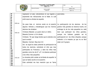 CENTRO REGIONAL DE EDUCACIÓN NORMAL
PROFRA. AMINA MADERA LAUTERIO
CEDRAL, S.L.P.
Código:
N/A
Nombre del Documento:
DIARIO DE CAMPO
V SEMESTRE
PRIMERA PARTE
Página: 4 de -
78
79
80
81
82
83
84
85
86
87
88
89
90
91
92
93
94
95
96
97
98
99
100
101
102
103
104
105
106
107
108
109
8:50 am
9:03 am
9:15 am
ingresaron al aula, colocándose en sus lugares y
esperando las indicaciones de la titular, la cual
pidió sacar su libreta de español.
Se paso lista, al termino anoto en el pizarrón
algunos refranes y trabalenguas que los mismos
alumnos les dictaban:
Viridiana: Maestra yo quiero decir un refrán.
Maestra Carmen: si Viri dímelo
Viridiana: “El que tenga tienda que la atienda sino
que la venda”.
Maestra. Carmen: Muy bien Viri
Así se siguió la clase pidiendo la participación de
todos los alumnos, sobretodo el niño que mas
participaba es Francisco, y claro los niños mas
grandes como los de 6° y 5°, no observe participar
a los niños más pequeños.
La docente pidió anotar en la libreta de español lo
que se había escrito en el pizarrón.
Esta actividad me hizo mención que es “tema
para todos.
La participación de los alumnos de los
grados más grandes se observa mucho, sin
embrago la de los más pequeños no, está
bien que participen los niños grandes,
aunque me hubiese gustado ver la
participación en los niños chiquitos, aunque
entiendo a la maestra ya que no es fácil
estar con 6 grupos.
 