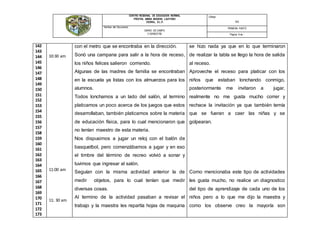 CENTRO REGIONAL DE EDUCACIÓN NORMAL
PROFRA. AMINA MADERA LAUTERIO
CEDRAL, S.L.P.
Código:
N/A
Nombre del Documento:
DIARIO DE CAMPO
V SEMESTRE
PRIMERA PARTE
Página: 6 de -
142
143
144
145
146
147
148
149
150
151
152
153
154
155
156
157
158
159
160
161
162
163
164
165
166
167
168
169
170
171
172
173
10:30 am
11:00 am
11: 30 am
con el metro que se encontraba en la dirección.
Sonó una campana para salir a la hora de receso,
los niños felices salieron corriendo.
Algunas de las madres de familia se encontraban
en la escuela ya listas con los almuerzos para los
alumnos.
Todos lonchamos a un lado del salón, al termino
platicamos un poco acerca de los juegos que estos
desarrollaban, también platicamos sobre la materia
de educación física, para lo cual mencionaron que
no tenían maestro de esta materia.
Nos dispusimos a jugar un reloj con el balón de
basquetbol, pero comenzábamos a jugar y en eso
el timbre del término de recreo volvió a sonar y
tuvimos que ingresar al salón.
Seguían con la misma actividad anterior la de
medir objetos, para lo cual tenían que medir
diversas cosas.
Al termino de la actividad pasaban a revisar el
trabajo y la maestra les repartía hojas de maquina
se hizo nada ya que en lo que terminaron
de realizar la tabla se llego la hora de salida
al receso.
Aproveche el receso para platicar con los
niños que estaban lonchando conmigo,
posteriormente me invitaron a jugar,
realmente no me gusta mucho correr y
rechace la invitación ya que también temía
que se fueran a caer las niñas y se
golpearan.
Como mencionaba este tipo de actividades
les gusta mucho, no realice un diagnostico
del tipo de aprendizaje de cada uno de los
niños pero a lo que me dijo la maestra y
como los observe creo la mayoría son
 