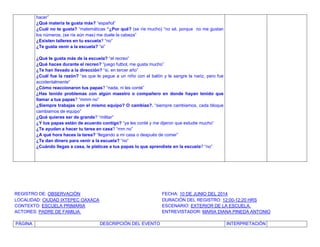 hacer”
¿Qué materia te gusta más? “español”
¿Cuál no te gusta? “matemáticas “¿Por qué? (se ríe mucho) “no sé, porque no me gustan
los números, (se ríe aún mas) me duele la cabeza”
¿Existen talleres en tu escuela? “no”
¿Te gusta venir a la escuela? “si”
¿Qué te gusta más de la escuela? “el recreo”
¿Qué haces durante el recreo? “juego futbol, me gusta mucho”
¿Te han llevado a la dirección? “si, en tercer año”
¿Cuál fue la razón? “es que le pegue a un niño con el balón y le sangre la nariz, pero fue
accidentalmente”
¿Cómo reaccionaron tus papas? “nada, ni les conté”
¿Has tenido problemas con algún maestro o compañero en donde hayan tenido que
llamar a tus papas? “mmm no”
¿Siempre trabajas con el mismo equipo? O cambias?. “siempre cambiamos, cada bloque
cambiamos de equipo”
¿Qué quieres ser de grande? “militar”
¿Y tus papas están de acuerdo contigo? “ya les conté y me dijeron que estudie mucho”
¿Te ayudan a hacer tu tarea en casa? “mm no”
¿A qué hora haces la tarea? “llegando a mi casa o después de comer”
¿Te dan dinero para venir a la escuela? “no”
¿Cuándo llegas a casa, le platicas a tus papas lo que aprendiste en la escuela? “no”
REGISTRO DE: OBSERVACIÒN FECHA: 10 DE JUNIO DEL 2014
LOCALIDAD: CIUDAD IXTEPEC OAXACA DURACIÓN DEL REGISTRO: 12:00-12:20 HRS
CONTEXTO: ESCUELA PRIMARIA ESCENARIO: EXTERIOR DE LA ESCUELA.
ACTORES: PADRE DE FAMILIA. ENTREVISTADOR: MARIA DIANA PINEDA ANTONIO
PÁGINA DESCRIPCIÓN DEL EVENTO INTERPRETACIÓN
 
