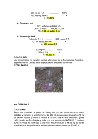 200 mg de P.A …............... 100%
199.985 mg de P.A X
X = 99.99%
Consumo real
CR= Volumen práctico x K
CR= 7.2 ml de NaOH X 1,011
CR= 7.27 ml NaOH 0.1N
Porcentaje Real
1ml de I a 0,1 N ….......... 18.02 mg de P.A
7.27 ml de NaOH 0.1N X
X= 131 mg de P.A
200mg P.A ….... 100%
131 mg P.A X
X= 65.502 %
CONCLUSIÒN
Los comprimidos no cumplen con las referencias de la Farmacopea Argentina-
séptima edición. Debido a que el producto se encuentra caducado.
RESULTADOS
VALORACIÒN 2:
CALCULOS:
Pesar una cantidad de polvo de 200mg de principio activo de ácido acetil
salicílico y transferir e un Erlenmeyer de 250 ml de capacidad disolver en 15 ml
de alcohol potable y enfriar la mezcla a 15-20 C una vez frio adicionar 3 gotas
del indicador de fenolftaleína y titular con una solución de NaOH 0.1 N hasta el
punto de viraje de color rojo. Cada ml de NaOH equivale a 18.02 mg de ácido
acetilsalicílico, los parámetros establecidos de referencia son de 90-110 %.
 