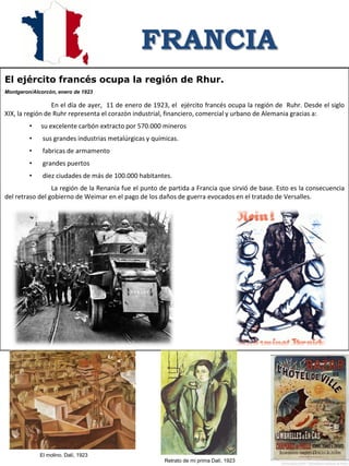 FRANCIA
El ejército francés ocupa la región de Rhur.
Montgeron/Alcorcón, enero de 1923
En el día de ayer, 11 de enero de 1923, el ejército francés ocupa la región de Ruhr. Desde el siglo
XIX, la región de Ruhr representa el corazón industrial, financiero, comercial y urbano de Alemania gracias a:
• su excelente carbón extracto por 570.000 mineros
• sus grandes industrias metalúrgicas y químicas.
• fabricas de armamento
• grandes puertos
• diez ciudades de más de 100.000 habitantes.
La región de la Renania fue el punto de partida a Francia que sirvió de base. Esto es la consecuencia
del retraso del gobierno de Weimar en el pago de los daños de guerra evocados en el tratado de Versalles.
El molino. Dalí, 1923
Retrato de mi prima Dalí, 1923
 