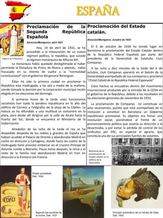 ESPAÑA
Momento de la
proclamación de
Estado catalán en el
edificio de la
Generalitat
Alegoría de la República
Proclamación de la
Segunda República
Española
Alcorcón/Montgeron, abril 1931
Hoy, 14 de abril de 1931, se ha
procedido a la instauración de un nuevo
régimen político, la república, que sucede
al régimen monárquico de Alfonso XIII.
La monarquía había quedado deslegitimada al haber
permitido la Dictadura de Primo de Rivera y además, había
fracasado en su intento de vuelta a la "normalidad
constitucional" con el gobierno del general Berenguer.
Éibar ha sido la primera ciudad en proclamar la
República esta madrugada, a las seis y media de la mañana,
siendo tomada la decisión por la corporación municipal recién
elegida en las elecciones del domingo.
A primeras horas de la tarde unos funcionarios
socialistas han izado la bandera republicana en lo alto del
edificio de Correos y Telégrafos de la plaza de la Cibeles. La
noticia se ha difundido y una multitud se concentró en la
plaza, para desde allí dirigirse por la calle de Alcalá hacia la
Puerta del Sol, donde se encuentra el Ministerio de la
Gobernación.
Alrededor de las ocho de la tarde el rey se ha
despedido despedía de los nobles y grandes de España que
habían acudido al Palacio de Oriente y abandonaba Madrid en
coche en dirección a Cartagena, donde hacia las cuatro de la
madrugada tiene previsto embarcar en el crucero Príncipe de
Asturias rumbo a Marsella. Pocas horas después, la reina y el
resto de la familia real abandonarán Madrid en tren en
dirección a la frontera con Francia.
Proclamación del Estado
catalán.
Alcorcón/Montgeron, octubre de 1934
El 6 de octubre de 1934 ha tenido lugar en
Barcelona la proclamación del Estado Catalán dentro
de la República Federal Española por parte del
presidente de la Generalitat de Cataluña, Lluís
Companys.
A las ocho y diez minutos de la tarde del 6 de
octubre, Lluís Companys apareció en el balcón de la
Generalidad acompañado de sus consejeros y proclamó
"l'Estat Català de la República Federal Espanyola"
Estos hechos se encuadran dentro del movimiento
insurreccional producido por la entrada de la CEDA en
el gobierno de la República, debido a los resultados en
las elecciones generales de noviembre de 1933.
La proclamación de Companys no constituye un
acto secesionista, puesto que está acompañado de la
invitación a constituir en Barcelona un Gobierno
republicano provisional. Su objetivo era frenar una
revolución social, poniéndose al frente de un
pronunciamiento político que asumía su dirección y la
desactivaba, y por evitar la pérdida de control de los
sindicatos por ERC, en especial el agrario, que
constituía una de sus principales fuentes de votantes.
Poster surrealista.
Dalí, 1934
Principio automático de un retrato de Gala.
Dalí, 1932
Bajando las sombras de
la noche. Dalí, 1931
 