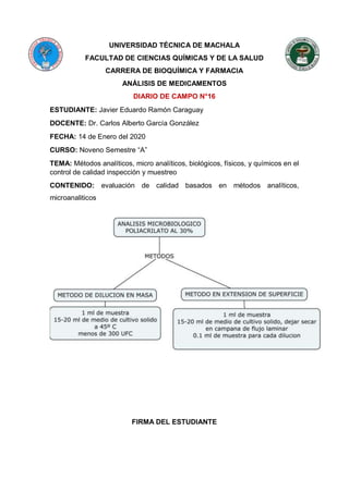 UNIVERSIDAD TÉCNICA DE MACHALA
FACULTAD DE CIENCIAS QUÍMICAS Y DE LA SALUD
CARRERA DE BIOQUÍMICA Y FARMACIA
ANÁLISIS DE MEDICAMENTOS
DIARIO DE CAMPO N°16
ESTUDIANTE: Javier Eduardo Ramón Caraguay
DOCENTE: Dr. Carlos Alberto García González
FECHA: 14 de Enero del 2020
CURSO: Noveno Semestre “A”
TEMA: Métodos analíticos, micro analíticos, biológicos, físicos, y químicos en el
control de calidad inspección y muestreo
CONTENIDO: evaluación de calidad basados en métodos analíticos,
microanaliticos
FIRMA DEL ESTUDIANTE
 