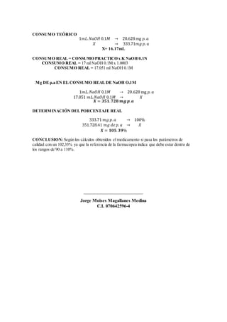 CONSUMO TEÓRICO
1𝑚𝐿. 𝑁𝑎𝑂𝐻 0.1𝑀 → 20.628 mg 𝑝. 𝑎
𝑋 → 333.71𝑚𝑔 𝑝. 𝑎
X= 16.17mL
CONSUMO REAL = CONSUMO PRACTICO x K NaOH 0.1N
CONSUMO REAL = 17 ml NaOH 0.1M x 1.0003
CONSUMO REAL = 17.051 ml NaOH 0.1M
Mg DE p.a EN EL CONSUMO REAL DE NaOH O.1M
1𝑚𝐿. 𝑁𝑎𝑂𝐻 0.1𝑀 → 20.628 mg 𝑝. 𝑎
17.051 𝑚𝐿.𝑁𝑎𝑂𝐻 0.1𝑀 → 𝑋
𝑿 = 𝟑𝟓𝟏. 𝟕𝟐𝟖 𝒎𝒈 𝒑. 𝒂
DETERMINACIÓN DELPORCENTAJE REAL
333.71 𝑚𝑔 𝑝. 𝑎 → 100%
351.728.41 𝑚𝑔 𝑑𝑒 𝑝. 𝑎 → 𝑋
𝑿 = 𝟏𝟎𝟓. 𝟑𝟗%
CONCLUSION: Según los cálculos obtenidos el medicamento si pasa los parámetros de
calidad con un 102,33% ya que la referencia de la farmacopea indica que debe estar dentro de
los rangos de 90 a 110%.
__________________________
Jorge Moises Magallanes Medina
C.I. 070642596-4
 