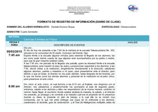 SUBSECRETARÍA DE EDUCACIÓN NORMAL
DEPARTAMENTO DE EDUCACIÓN NORMAL
ESCUELA NORMAL DE EDUCACIÓN PÚBLICA DEL ESTADO DE HIDALGO
OBSERVACION Y PRACTICA DOCENTE II
CUARTO SEMESTRE
FORMATO DE REGISTRO DE INFORMACIÓN (DIARIO DE CLASE)
NOMBRE DEL ALUMNO NORMALISTA: Daniela Dionicio Roque ESPECIALIDAD: Telesecundaria
SEMESTRE: Cuarto Semestre
MATERIA:
Ciencias II énfasis en Física
FECHA Y
HORA DESCRIPCIÓN DE EVENTOS
ANALISIS
09/03/2015
7:45 am
8:00 am
Día uno…
El día de hoy me presente a las 7:40 de la mañana en la escuela Telesecundaria No. 352,
ubicada en la comunidad de El Jiadhi, municipio del Arenal, Hgo.
Espere frente a la escuela algunos minutos para observar la llegada de los alumnos, fue
así como pude darme cuenta de que algunos eran acompañados por su padre o madre,
pero que la gran mayoría estaban solos.
A las 7:45 am, me percate de la llegada una patrulla, quien se atravesó frente a la escuela
telesecundaria para impedir el paso de autos y proporcionar seguridad a los alumnos, a las
7:50, decidí entrar a la institución, dirigiéndome directamente a la dirección, saludando
algunos alumnos, padres y maestros a mi paso, para presentarme ante el director, pero
debido a que es lunes, el director no me pudo atender, hasta después de los honores, por
lo que me forme como los demás alumnos y personal de la institución en el patio cívico,
para presenciar el acto cívico.
Dio inicio el acto cívico, el cual termino a las 8:15 am, al finalizar, nos dirigimos con el
director, nos saludamos y posteriormente me acompaño al aula de segundo grado,
entramos, salude a los alumnos y ellos me respondieron de la misma manera, continúe mi
camino hasta llegar al escritorio donde estaba sentada la maestra, la salude, y el director
me presento, yo proseguí y le comente a la maestra cual era el propósito de mi presencia
durante su clase, le presente mi plan de trabajo, a lo cual ella no se mostró muy
convencida, por lo que me pidió entregar una copia de mi entrevista a los alumnos,
cuestionario al docente, guía de observación y el Test de Inteligencias múltiples antes de
 