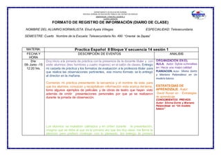 SUBSECRETARÍA DE EDUCACIÓN NORMAL
DEPARTAMENTO DE EDUCACIÓN NORMAL
ESCUELA NORMAL DE EDUCACIÓN PÚBLICA DEL ESTADO DE HIDALGO
OBSERVACION Y PRACTICA DOCENTE II
CUARTO SEMESTRE
FORMATO DE REGISTRO DE INFORMACIÓN (DIARIO DE CLASE)
NOMBRE DEL ALUMNO NORMALISTA: Eliud Ayala Villegas ESPECIALIDAD: Telesecundaria.
SEMESTRE: Cuarto Nombre de la Escuela: Telesecundaria No. 490 “Oriental de Zapata”
MATERIA: Practica Español II Bloque V secuencia 14 sesión 1
FECHA Y
HORA
DESCRIPCIÓN DE EVENTOS ANALISIS
Día:
08- Junio -15
12:20 hrs.
Doy inicio a la jornada de práctica con la presencia de la docente titular y con
siete alumnos (tres hombres y cuatro mujeres) en el salón de clases. Entrego
mi carpeta de práctica y los formatos de evaluación a la profesora titular para
que realice las observaciones pertinentes, ese mismo formato se lo entregó
al director en la mañana.
Comienzo mi práctica presentando la secuencia y el nombre de esta, para
que los alumnos conozcan y recapitulicen información vista acerca del tema,
tomo algunos ejemplos de películas y de obras de teatro que hayan visto
además de omitir presentaciones personales por que ya se realizaron
durante la jornada de observación.
Los alumnos se muestran calmados y en orden durante la presentación,
imagino que se debe al que es la primera vez que les doy clase, me llama la
atención pero prefiero continuar con lo planeado, les entrego la primera
ORGANIZACIÓN EN EL
AULA. Autor: Sylvia schmelkes
en: Hacia una mejor calidad
PLANEACION. Autor: Silvina Gvirtz
y Mariano Palamidessi en Un
modelo básico.
ESTRATEGIAS DE
APRENDIZAJE. Autor:
David Nunan en : Estrategias
de aprendizaje
CONOCIMIENTOS PREVIOS.
Autor: Silvina Gvirtz y Mariano
Palamidessi en “Un modelo
básico”
 