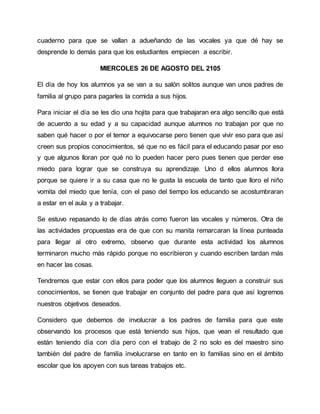 cuaderno para que se vallan a adueñando de las vocales ya que dé hay se
desprende lo demás para que los estudiantes empiecen a escribir.
MIERCOLES 26 DE AGOSTO DEL 2105
El día de hoy los alumnos ya se van a su salón solitos aunque van unos padres de
familia al grupo para pagarles la comida a sus hijos.
Para iniciar el día se les dio una hojita para que trabajaran era algo sencillo que está
de acuerdo a su edad y a su capacidad aunque alumnos no trabajan por que no
saben qué hacer o por el temor a equivocarse pero tienen que vivir eso para que así
creen sus propios conocimientos, sé que no es fácil para el educando pasar por eso
y que algunos lloran por qué no lo pueden hacer pero pues tienen que perder ese
miedo para lograr que se construya su aprendizaje. Uno d ellos alumnos llora
porque se quiere ir a su casa que no le gusta la escuela de tanto que lloro el niño
vomita del miedo que tenía, con el paso del tiempo los educando se acostumbraran
a estar en el aula y a trabajar.
Se estuvo repasando lo de días atrás como fueron las vocales y números. Otra de
las actividades propuestas era de que con su manita remarcaran la línea punteada
para llegar al otro extremo, observo que durante esta actividad los alumnos
terminaron mucho más rápido porque no escribieron y cuando escriben tardan más
en hacer las cosas.
Tendremos que estar con ellos para poder que los alumnos lleguen a construir sus
conocimientos, se tienen que trabajar en conjunto del padre para que así logremos
nuestros objetivos deseados.
Considero que debemos de involucrar a los padres de familia para que este
observando los procesos que está teniendo sus hijos, que vean el resultado que
están teniendo día con día pero con el trabajo de 2 no solo es del maestro sino
también del padre de familia involucrarse en tanto en lo familias sino en el ámbito
escolar que los apoyen con sus tareas trabajos etc.
 