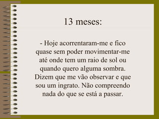 13 meses:
- Hoje acorrentaram-me e fico
quase sem poder movimentar-me
até onde tem um raio de sol ou
quando quero alguma sombra.
Dizem que me vão observar e que
sou um ingrato. Não compreendo
nada do que se está a passar.
 