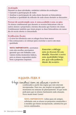 Avaliação
        Durante as duas atividades, estabeleci critérios de avaliação:
         	 Garantir a participação de todos
         	 Analisar a participação de cada aluno durante as brincadeiras
         	 Analisar a qualidade da reflexão de cada aluno durante as discussões

        Forma de sociali zação com a comunidade e com os pais
        Os alunos combinaram que durante os recreios brincariam com os
        outros alunos e proporiam a mesma discussão que fizemos em classe.
        Combinaram também que iriam propor as duas brincadeiras em nosso
        dia de escola aberta à comunidade.

        Evidências finais
         	 O nível de tolerância com os colegas ficou bem maior
         	 Eles começaram a se esforçar para exercitar o ouvir com mais
           qualidade

          Nota importante: acertamos
          com esta escolha; precisamos               Exerci  ar o diálogo
                                                           t
          garantir que este trabalho com             com os alunos foi um
          valores tenha momentos lúdicos,            desafio. Escutar o outro
          pois os alunos respondem muito             com qualidade é algo
          bem a propostas corporais.                 em que não podemos
                                                     deixar de investi  .
                                                                       r




                          QUinTA-feira
              Hoje construí com os alunos                     o quadro de
                             combinados a partir das regras que não estavam
                             incorporadas. Para isso, me inspirei no quadro que
                             montamos na semana de planejamento. Só que neste
                             pedi para que os alunos ilustrassem cada situação.
                             Ficou muito bom! Gostei!

                                Nota importante: voltar para ele sempre,
                                refletindo com os alunos as propostas construídas e
                                à medida que forem incorporando, substituí-los por
                                novos combinados.

  24 Educação em Valores



DIARIO DE UM PROFESSOR SM MIOLO.indd 24                                         8/13/10 5:17:00 PM
 