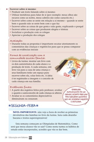 Escrever sobre si mesmo:
         	 Produzir um texto falando sobre si mesmo:
         	 Utilizar metáforas para falar de si (por exemplo: meus olhos são
           escuros como as noites, meus cabelos são como caracóis etc.)
         	 Escrever sobre como se sente em relação a si mesmo – quando se sente
           bem e quando não se sente bem com o que faz
         	 Escrever sobre as coisas de que gosta e não gosta, explicando o porquê
         	 Escrever sobre as coisas que produzem alegria e tristeza
         	 Socializar a produção com os colegas
         	 Apreciar a produção dos colegas

        Avaliação:
         	 Durante todas as propostas é importante escutar atentamente os
           comentários das crianças e registrá-los para que se possa comparar
           com as evidências iniciais

        Forma de sociali zação com a
        comunidade escolar/família:
         	 Livros da turma: montar um livro com
           os dois autorretratos de cada aluno e a
           produção de texto. A cada semana, este
           livro vai para a casa de uma criança e
           seus familiares terão um espaço para
           escrever sobre ela, colar fotos etc. A ideia
           é ter registrados a imagem e o conceito de
           cada criança em sua família.

        Evidências finais:
         	 A partir dos registros feitos pelo professor, avaliar           Trabalhar
           o quanto o autoconceito de cada criança se alterou        autoconceito foi um
                                                                   grande desafio para mim
         	 Avaliar se os comentários depreciativos                  pois surgiram questões
           diminuíram ou cessaram                                  que me deixaram inquieta
                                                                          e reflexiva.

          Segunda-feira
            Nota importante: não vejo a hora de receber as primeiras
            devolutivas das famílias no livro da turma. Saiu cada desenho
            bacana e textos superexpressivos!

              Esta semana começam as Olimpíadas de Matemática. Como
         será que meus alunos vão se sair? Como nesta turma os hábitos de
         estudo estão incorporados, acredito que vão se dar bem.


  28 Educação em Valores



DIARIO DE UM PROFESSOR SM MIOLO.indd 28                                           8/13/10 5:17:01 PM
 