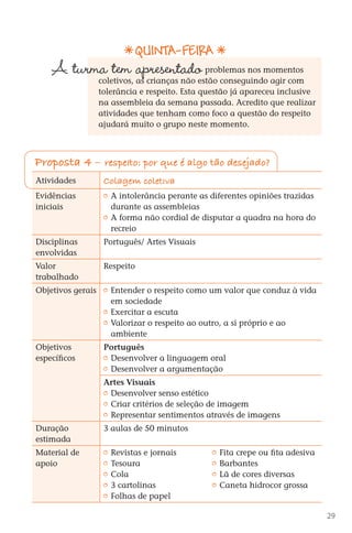 QUinTA-feira
             A turma tem apresentado                    problemas nos momentos
                           coletivos, as crianças não estão conseguindo agir com
                           tolerância e respeito. Esta questão já apareceu inclusive
                           na assembleia da semana passada. Acredito que realizar
                           atividades que tenham como foco a questão do respeito
                           ajudará muito o grupo neste momento.



       Proposta 4 – respeito: por que é algo tão desejado?
        Atividades           Colagem coleti va
        Evidências            	 A intolerância perante as diferentes opiniões trazidas
        iniciais                durante as assembleias
                              	 A forma não cordial de disputar a quadra na hora do
                                recreio
        Disciplinas          Português/ Artes Visuais
        envolvidas
        Valor                Respeito
        trabalhado
        Objetivos gerais      	 Entender o respeito como um valor que conduz à vida
                                em sociedade
                              	 Exercitar a escuta
                              	 Valorizar o respeito ao outro, a si próprio e ao
                                ambiente
        Objetivos            Português
        específicos           	 Desenvolver a linguagem oral
                              	 Desenvolver a argumentação
                             Artes Visuais
                              	 Desenvolver senso estético
                              	 Criar critérios de seleção de imagem
                              	 Representar sentimentos através de imagens
        Duração              3 aulas de 50 minutos
        estimada
        Material de           	 Revistas e jornais         	 Fita crepe ou fita adesiva
        apoio                 	 Tesoura                    	 Barbantes
                              	 Cola                       	 Lã de cores diversas
                              	 3 cartolinas               	 Caneta hidrocor grossa
                              	 Folhas de papel

                                                                                            29



DIARIO DE UM PROFESSOR SM MIOLO.indd 29                                           8/13/10 5:17:01 PM
 