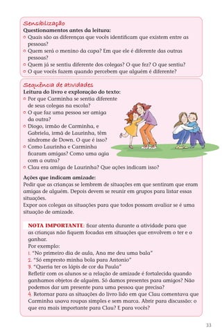 Sensibilização
        Questionamentos antes da leitura:
         	 Quais são as diferenças que vocês identificam que existem entre as
           pessoas?
         	 Quem será o menino da capa? Em que ele é diferente das outras
           pessoas?
         	 Quem já se sentiu diferente dos colegas? O que fez? O que sentiu?
         	 O que vocês fazem quando percebem que alguém é diferente?

        Sequência de atividades
        Leitura do livro e exploração do texto:
         	 Por que Carminha se sentia diferente
           de seus colegas na escola?
         	 O que faz uma pessoa ser amiga
           da outra?
         	 Diogo, irmão de Carminha, e
           Gabriela, irmã de Laurinha, têm
           síndrome de Down. O que é isso?
         	 Como Laurinha e Carminha
           ficaram amigas? Como uma agia
           com a outra?
         	 Clau era amiga de Laurinha? Que ações indicam isso?

        Ações que indicam amizade:
        Pedir que as crianças se lembrem de situações em que sentiram que eram
        amigas de alguém. Depois devem se reunir em grupos para listar essas
        situações.
        Expor aos colegas as situações para que todos possam avaliar se é uma
        situação de amizade.

          Nota importante: ficar atenta durante a atividade para que
          as crianças não fiquem focadas em situações que envolvem o ter e o
          ganhar.
          Por exemplo:
          1. “No primeiro dia de aula, Ana me deu uma bala”
          2. “Só empresto minha bola para Antonio”
          3. “Queria ter os lápis de cor da Paula”
          Refletir com os alunos se a relação de amizade é fortalecida quando
          ganhamos objetos de alguém. Só damos presentes para amigos? Não
          podemos dar um presente para uma pessoa que precisa?
          4. Retornar para as situações do livro lido em que Clau comentava que
          Carminha usava roupas simples e sem marca. Abrir para discussão: o
          que era mais importante para Clau? E para vocês?


                                                                                      33



DIARIO DE UM PROFESSOR SM MIOLO.indd 33                                     8/13/10 5:17:02 PM
 