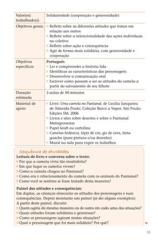 Valor(es)             Solidariedade (cooperação e generosidade)
       trabalhado(s)
       Objetivos gerais       	 Refletir sobre as diferentes atitudes que temos em
                                relação aos outros
                              	 Refletir sobre a intencionalidade das ações individuais
                                no coletivo
                              	 Refletir sobre ação e consequência
                              	 Agir de forma mais solidária, com generosidade e
                                cooperação
       Objetivos             Português
       específicos            	 Ler e compreender a história lida
                              	 Identificar as características das personagens
                              	 Desenvolver a comunicação oral
                              	 Escrever como passam a ser as atitudes da camela a
                                partir do salvamento de seu filhote
       Duração               3 aulas de 50 minutos
       estimada
       Material de            	 Livro: Uma camela no Pantanal, de Lucília Junqueira
       apoio                    de Almeida Prado. Coleção Barco a Vapor. São Paulo:
                                Edições SM, 2006
                              	 Livros e sites sobre desertos e sobre o Pantanal
                                Matogrossense
                              	 Papel kraft ou cartolina
                              	 Canetas hidrocor, lápis de cor, giz de cera, tinta
                                guache (para pintura e/ou desenho)
                              	 Mural na sala para expor os trabalhos

          Sequência de atividades
        Leitura do livro e conversa sobre o texto:
         	Por que a camela vivia tão insatisfeita?
         	Em que lugar os camelos vivem?
         	Como a camela chegou ao Pantanal?
         	Como era o relacionamento da camela com os animais do Pantanal?
         	Como você se sentiria se fosse tratado desta maneira?

        Painel das atitudes e consequências:
        Em duplas, as crianças elencarão as atitudes dos personagens e suas
        consequências. Depois montarão um painel (já dei alguns exemplos):
        A partir deste painel, discutir:
         	Quem agiria da mesma maneira ou de outra em cada uma das situações?
         	Quais atitudes foram solidárias e generosas?
         	Como os personagens agiram nestas situações?
         	Qual o personagem que foi mais solidário? Por quê?

                                                                                           35



DIARIO DE UM PROFESSOR SM MIOLO.indd 35                                          8/13/10 5:17:02 PM
 