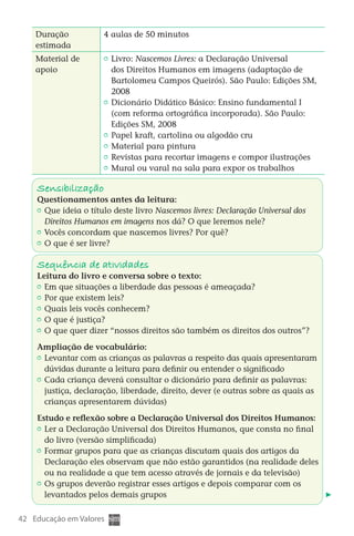 Duração               4 aulas de 50 minutos
       estimada
       Material de            	 Livro: Nascemos Livres: a Declaração Universal
       apoio                    dos Direitos Humanos em imagens (adaptação de
                                Bartolomeu Campos Queirós). São Paulo: Edições SM,
                                2008
                              	 Dicionário Didático Básico: Ensino fundamental I
                                (com reforma ortográfica incorporada). São Paulo:
                                Edições SM, 2008
                              	 Papel kraft, cartolina ou algodão cru
                              	 Material para pintura
                              	 Revistas para recortar imagens e compor ilustrações
                              	 Mural ou varal na sala para expor os trabalhos

        Sensibilização
        Questionamentos antes da leitura:
         	 Que ideia o título deste livro Nascemos livres: Declaração Universal dos
           Direitos Humanos em imagens nos dá? O que leremos nele?
         	 Vocês concordam que nascemos livres? Por quê?
         	 O que é ser livre?

        Sequência de atividades
        Leitura do livro e conversa sobre o texto:
         	 Em que situações a liberdade das pessoas é ameaçada?
         	 Por que existem leis?
         	 Quais leis vocês conhecem?
         	 O que é justiça?
         	 O que quer dizer “nossos direitos são também os direitos dos outros”?

        Ampliação de vocabulário:
         	 Levantar com as crianças as palavras a respeito das quais apresentaram
           dúvidas durante a leitura para definir ou entender o significado
         	 Cada criança deverá consultar o dicionário para definir as palavras:
           justiça, declaração, liberdade, direito, dever (e outras sobre as quais as
           crianças apresentarem dúvidas)

        Estudo e reflexão sobre a Declaração Universal dos Direitos Humanos:
         	 Ler a Declaração Universal dos Direitos Humanos, que consta no final
           do livro (versão simplificada)
         	 Formar grupos para que as crianças discutam quais dos artigos da
           Declaração eles observam que não estão garantidos (na realidade deles
           ou na realidade a que tem acesso através de jornais e da televisão)
         	 Os grupos deverão registrar esses artigos e depois comparar com os
           levantados pelos demais grupos

  42 Educação em Valores



DIARIO DE UM PROFESSOR SM MIOLO.indd 42                                          8/13/10 5:17:03 PM
 