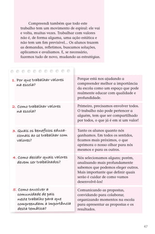 Compreendi também que todo este
           trabalho tem um movimento de espiral: ele vai
           e volta, muitas vezes. Trabalhar com valores
           não é, de forma alguma, uma ação estática e
           não tem um fim previsível... Os alunos trazem
           as demandas, refletimos, buscamos soluções,
           aplicamos e avaliamos. E, se necessário,
           fazemos tudo de novo, mudando as estratégias.




     1. Por que trabalhar valores          Porque está nos ajudando a
        na escola?                         compreender melhor a importância
                                           da escola como um espaço que pode
                                           realmente educar com qualidade e
                                           profundidade.

     2. Como trabalhar valores             Primeiro, precisamos envolver todos.
       na escola?                          O trabalho não pode pertencer a
                                           alguém, tem que ser compartilhado
                                           por todos, o que já é em si um valor!

     3. Quais os benefícios educa-         Tanto os alunos quanto nós
        cionais ao se trabalhar com        ganhamos. Em todos os sentidos,
        valores?                           ficamos mais próximos, o que
                                           aprimora o nosso olhar para nós
                                           mesmos e para os outros.

     4. Como decidir quais valores         Nós selecionamos alguns; porém,
       devem ser trabalhados?              analisando mais profundamente
                                           sabemos que podemos eleger outros.
                                           Mais importante que definir quais
                                           serão é cuidar de como vamos
                                           desenvolvê-los!

      5. Como envolver a                   Comunicando as propostas,
         comunidade de pais                convidando para colaborar,
         neste trabalho para que           organizando momentos na escola
         compreendam a importância         para apresentar as propostas e os
         desta temática?                   resultados.



                                                                                     47



DIARIO DE UM PROFESSOR SM MIOLO.indd 47                                    8/13/10 5:17:03 PM
 