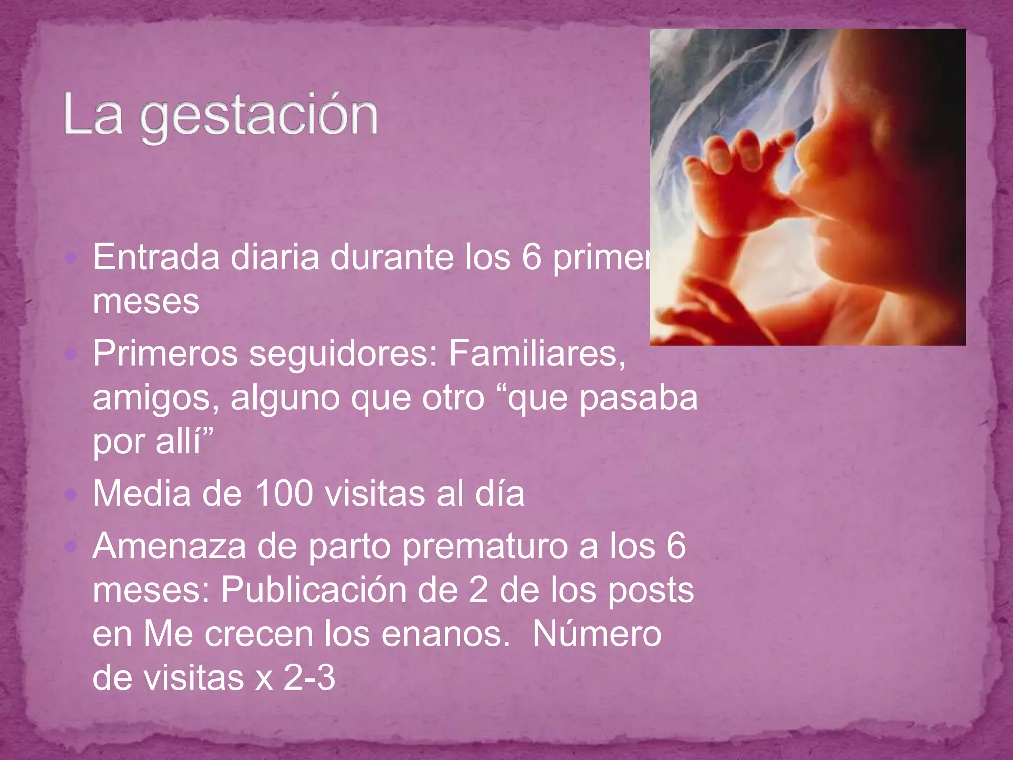 Entrada diaria durante los 6 primeros mesesPrimeros seguidores: Familiares, amigos, alguno que otro “que pasaba por allí”Media de 100 visitas al díaAmenaza de parto prematuro a los 6 meses: Publicación de 2 de los posts en Me crecen los enanos.  Número de visitas x 2-3La gestación