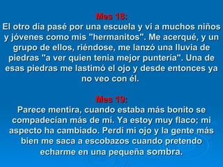 Mes 18: El otro día pasé por una escuela y vi a muchos niños y jóvenes como mis "hermanitos". Me acerqué, y un grupo de ellos, riéndose, me lanzó una lluvia de piedras "a ver quien tenia mejor puntería". Una de esas piedras me lastimó el ojo y desde entonces ya no veo con él.  Mes 19: Parece mentira, cuando estaba más bonito se compadecían más de mí. Ya estoy muy flaco; mi aspecto ha cambiado. Perdí mi ojo y la gente más bien me saca a escobazos cuando pretendo echarme en una pequeña  sombra. 