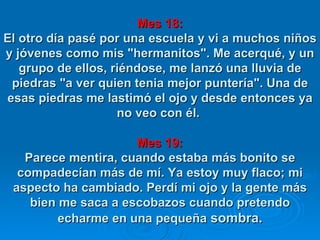 Mes 18: El otro día pasé por una escuela y vi a muchos niños y jóvenes como mis "hermanitos". Me acerqué, y un grupo de ellos, riéndose, me lanzó una lluvia de piedras "a ver quien tenia mejor puntería". Una de esas piedras me lastimó el ojo y desde entonces ya no veo con él.  Mes 19: Parece mentira, cuando estaba más bonito se compadecían más de mí. Ya estoy muy flaco; mi aspecto ha cambiado. Perdí mi ojo y la gente más bien me saca a escobazos cuando pretendo echarme en una pequeña  sombra. 