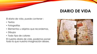 DIARIO DE VIDA
El diario de vida, puede contener :
• Textos
• Fotografías
• Elementos u objetos que recordemos.
• Dibujos
• Todo tipo de colores
El nuestro diario de vida, podemos poner
todo lo que nuestra imaginación desee.
 