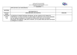SUBSECRETARÍA DE EDUCACIÓN NORMAL
DEPARTAMENTO DE EDUCACIÓN NORMAL
ESCUELA NORMAL DE EDUCACIÓN PÚBLICA DEL ESTADO DE HIDALGO
OBSERVACION Y PRACTICA DOCENTE II
CUARTO SEMESTRE
debía de tener una reseña literaria.
MATERIA:
MATEMÁTICAS II
FECHA Y
HORA
DESCRIPCIÓN DE EVENTOS ANALISIS
24 de abril
2015
1:40
Los alumnos ya habían terminado de exponer, así que continúe con la materia de
matemáticas, la cual por el tiempo no pude realizar mi planeación como la tenía planeada,
así que aplique la evaluación, la maestra dio instrucciones para que como fueran
terminando iban saliendo, y ella paso a retirarse, yo me quede hasta que todos terminaron
y entregaron su examen.
 