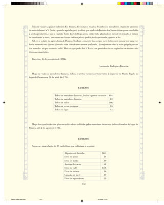 Não me esqueci, quando voltei do Rio Branco, de visitar os roçados de ambos os moradores, e tanto de um como
                        de outro informei a V. Excia., quando aqui cheguei; a saber, que o referido Jacinto dos Santos tinha quase concluído
                        a arroba prometida, e que o capitão Bento José do Rego ainda então tinha plantado só metade do roçado, e tratava
                        de encoivarar a outra, por terem as chuvas embaraçado a perfeição da queimada, quando a fez.
                            Tal era o estado da agricultura de Poiares. Nenhum comércio faz, porque nem índios nem canoa tem para ele;
                        havia somente uma igaraté já usada e um bote de nove remos por banda. A conjuntura não é a mais própria para se
                        dar remédio ao que necessita dele. Mais do que pode faz V. Excia. em providenciar as urgências de tantas e tão
                        diversas repartições.

                           Barcelos, l6 de novembro de 1786.

                                                                                                   Alexandre Rodrigues Ferreira.

                           Mapa de todos os moradores brancos, índios, e pretos escravos pertencentes à freguesia de Santo Angelo no
                        lugar de Poiares em 24 de abril de 1786.



                                                                            EXTRATO

                                                   Todos os moradores brancos, índios e pretos escravos            404
                                                   Todos os moradores brancos                                       23
                                                   Todos os índios                                                 366
                                                   Todos os pretos escravos                                         15
                                                   Todos os fogos                                                   44




                           Mapa das qualidades dos gêneros cultivados e colhidos pelos moradores brancos e índios aldeados do lugar de
                        Poiares, até 2 de agosto de 1786.



                                                                            EXTRATO

                           Segue-se uma relação de 19 indivíduos que colheram o seguinte:

                                                             Alqueires de farinha                       863
                                                             Ditos de arroz                              34
                                                             Ditos de milho                              30
                                                             Arrobas de cacau                            68
                                                             Ditas de café                              178
                                                             Ditas de tabaco                             16
                                                             Canadas de mel                              30
                                                             Ditas de aguardente                         60

                                                                                312




Diarios pp209-350.pmd              312                                                           22/10/05, 12:27
 