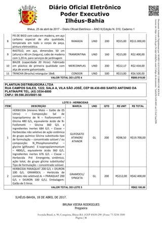 Ilhéus, 25 de abril de 2017 – Diário Oficial Eletrônico – ANO II| Edição N. 010, Caderno 1
Avenida Brasil, n. 90, Conquista, Ilhéus-BA |CEP 45650-290 |Fone: 73 3234-3500
Página | 6
Diário Oficial Eletrônico
Poder Executivo
Ilhéus-Bahia
8
PÁ DE BICO com cabo em madeira, em aço
carbono especial de alta qualidade,
temperada em todo o corpo da peça,
pintura eletrostática.
RAMADA UND 200 R$55,00 R$11.000,00
9
RASTELO, em aço, dimensões 50 cm
(altura) x 40 cm (largura), cabo de madeira
com 1,20 m, para serviços de jardinagem
TRAMONTINA UND 160 R$15,00 R$2.400,00
10
BALDE (capacidade 20 litros): Fabricado
em plástico de primeira qualidade com
alça de arame galvanizado.
MERCONPLAS UND 200 R$12,17 R$2.434,00
11 TRINCHA (Brocha) retangular 18x8. CONDOR UND 500 R$13,00 R$6.500,00
VALOR TOTAL DO LOTE 4 R$88.019,00
PLANTIUN DISTRIBUIDORA LTDA
RUA CAMPOS SALES, 1222, SALA A, VILA SÃO JOSÉ, CEP 86.430-000 SANTO ANTONIO DA
PLATINA/PR TEL. (43) 3534-6800
CNPJ: 09.590.203/0001-50
LOTE 5 - HERBICIDAS
ITEM DESCRIÇÃO MARCA UND QTD R$ UNIT R$ TOTAL
1
HERBICIDA (Veneno Mato – Galão de 05
Litros) – Composição: Sal de
Isopropilamina de N – Fosfonometti –
Glicina 480 G/L, equivalente ácido de N-
Fosfometti – Glicina 360 G/L e
ingredientes inertes 684 G/L – Classe –
Herbecidas não seletivo de ação sistêmica
do grupo químico Glicina substituida tipo
de formulação – concentrado solúvel / ou
composição: N_Phosphonomethyl –
glycine (glifosate) E-isopropylammonium
– 480G/L, equivalente ácido 360 G/L.
Ingredientes inertes 676 G/L – Classe –
Herbecida Pré Emergente, sintêmico,
ação total, do grupo glicina substituída/
Tipo de formulação – concentrado solúvel.
GLIFOSATO
ATANOR/
ATANOR
GL 200 R$98,50 R$19.700,00
2
HERBICIDA PARAQUAT 200 G/L + DIURON
100 G/L. GRAMOCIL - Herbicida de
contato não seletivo(I.A. = PARAQUAT 200
G/L + DIURON 100 G/L). Embalagem:
Galão de 5 litros.
GRAMOCIL/
SYNGETA
GL 200 R$212,00 R$42.400,00
VALOR TOTAL DO LOTE 5 R$62.100,00
ILHÉUS-BAHIA, 18 DE ABRIL DE 2017.
BRUNA VIEIRA RODRIGUES
Pregoeira
DocumentoAssinadoDigitalmentepor:MARIOALEXANDRECORREADESOUSA
Acesseem:https://e.tcm.ba.gov.br/epp/validaDoc.seamCódigododocumento:7eafcd36-3c0f-4601-ae13-3cfc7eaa289b
 