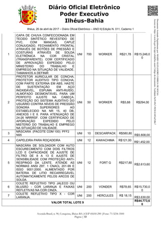 Ilhéus, 26 de abril de 2017 – Diário Oficial Eletrônico – ANO II| Edição N. 011, Caderno 1
Avenida Brasil, n. 90, Conquista, Ilhéus-BA |CEP 45650-290 |Fone: 73 3234-3500
Página | 13
Diário Oficial Eletrônico
Poder Executivo
Ilhéus-Bahia
1
CAPA DE CHUVA CONFECCIONADA EM
TECIDO SINTÉTICO REVESTIDO DE
PVC, COM MANGAS, CAPUZ
CONJUGADO, FECHAMENTO FRONTAL
ATRAVÉS DE BOTÕES DE PRESSÃO E
COSTURAS ATRAVÉS DE SOLDA
ELETRÔNICA NA COR CRISTAL
(TRANSPARENTE). COM CERTIFICADO
DE APROVAÇÃO EXPEDIDO PELO
MINISTERIO DO TRABALHO E
EMPREGO NA SITUAÇÃO DE VALIDADE.
TAMANHOS A DEFINIR
UNI 700 WORKER R$21,78 R$15.246,0
0
2
PROTETOR AURICULAR DE CONCHA.
PROTETOR AUDITIVO TIPO CONCHA,
COM PARTE EXTERNA EM ABS, HASTE
DE SUSTENTAÇÃO EM AÇO
INOXIDÁVEL, ESPUMA ANTI-RUÍDO,
ALMOFADO DESMONTÁVEL PARA UM
PERFEITO AJUSTE NA CABEÇA.
PROTEÇÃO DO SISTEMA AUDITIVO DO
USUÁRIO CONTRA NÍVEIS DE PRESSÃO
SONORA SUPERIORES AO
ESTABELECIDO NA NR 15, 40 DB,
ANEXOS I E II. PARA ATENUAÇÃO DE
24-26 NRRRSF. COM CERTIFICADO DE
APORVAÇÃO EXPEDIDO PELO
MISTERIO DO TRABALHO E EMPREGO
NA SITUAÇÃO DE VALIDADE.
UNI 50 WORKER R$5,88 R$294,00
3
MÁSCARA (PACOTE COM 100) PFF2
N95
UNI 10 DESCARPACK R$580,80
R$5.808,00
4 CAPELEIRA PARA ROÇADEIRA UNI 12 KAWACHIMA R$121,00
R$1.452,00
5
MASCÁRA DE SOLDADOR COM AUTO
ESCURECIMENTO COM DOIS FILTROS
LCD E CAPACIDADE DE AJUSTE DE
FILTRO DE 8 A 13 E AJUSTE DE
SENSIBILIDADE COM PROTEÇÃO ANTI-
RESPINGO DA LENTE. ATENDE AS
NORMAS ANSI Z87. 1 CNACL 201-99 E
ISSO 9001:2000. ALIMENTADO POR
BATERIA DE LITIO RECARREGÁVEL
AUTOMATICAMENTE PELOS ARCOS DE
SOLDA.
UNI 12 FORT G R$217,80
R$2.613,60
6
COLETE REFLETIVO TIPO JALECO OU
BLUSÃO - COR LARANJA E FAIXAS
REFLETIVAS NA COR CINZA.
UNI 200 VONDER R$78,65 R$15.730,0
0
7
COLETE REFLETIVO TIPO X - COR
LARANJA.
UNI 200 HERCULES R$ 18,15
R$3.630,00
VALOR TOTAL LOTE 9
R$44.773,6
0
DocumentoAssinadoDigitalmentepor:MARIOALEXANDRECORREADESOUSA
Acesseem:https://e.tcm.ba.gov.br/epp/validaDoc.seamCódigododocumento:5ca8dadc-9a39-49c7-9838-b1483ed7d0c7
 