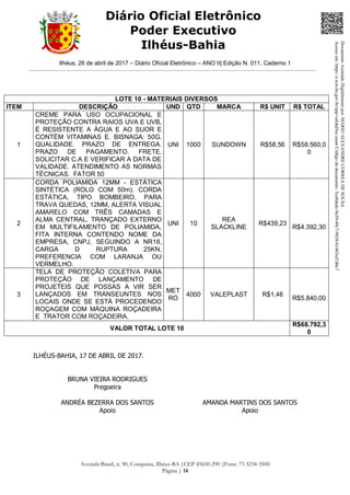 Ilhéus, 26 de abril de 2017 – Diário Oficial Eletrônico – ANO II| Edição N. 011, Caderno 1
Avenida Brasil, n. 90, Conquista, Ilhéus-BA |CEP 45650-290 |Fone: 73 3234-3500
Página | 14
Diário Oficial Eletrônico
Poder Executivo
Ilhéus-Bahia
LOTE 10 - MATERIAIS DIVERSOS
ITEM DESCRIÇÃO UND QTD MARCA R$ UNIT R$ TOTAL
1
CREME PARA USO OCUPACIONAL E
PROTEÇÃO CONTRA RAIOS UVA E UVB,
É RESISTENTE A ÁGUA E AO SUOR E
CONTÉM VITAMINAS E. BISNAGA: 50G.
QUALIDADE. PRAZO DE ENTREGA.
PRAZO DE PAGAMENTO. FRETE.
SOLICITAR C.A E VERIFICAR A DATA DE
VALIDADE. ATENDIMENTO AS NORMAS
TÉCNICAS. FATOR 50
UNI 1000 SUNDOWN R$58,56 R$58.560,0
0
2
CORDA POLIAMIDA 12MM - ESTÁTICA
SINTÉTICA (ROLO COM 50m). CORDA
ESTÁTICA, TIPO BOMBEIRO, PARA
TRAVA QUEDAS, 12MM, ALERTA VISUAL
AMARELO COM TRÊS CAMADAS E
ALMA CENTRAL, TRANÇADO EXTERNO
EM MULTIFILAMENTO DE POLIAMIDA,
FITA INTERNA CONTENDO NOME DA
EMPRESA, CNPJ, SEGUINDO A NR18,
CARGA D RUPTURA 25KN,
PREFERENCIA COM LARANJA OU
VERMELHO.
UNI 10
REA
SLACKLINE
R$439,23
R$4.392,30
3
TELA DE PROTEÇÃO COLETIVA PARA
PROTEÇÃO DE LANÇAMENTO DE
PROJETEIS QUE POSSAS A VIR SER
LANÇADOS EM TRANSEUNTES NOS
LOCAIS ONDE SE ESTÁ PROCEDENDO
ROÇAGEM COM MÁQUINA ROÇADEIRA
E TRATOR COM ROÇADEIRA.
MET
RO
4000 VALEPLAST R$1,46
R$5.840,00
VALOR TOTAL LOTE 10
R$68.792,3
0
ILHÉUS-BAHIA, 17 DE ABRIL DE 2017.
BRUNA VIEIRA RODRIGUES
Pregoeira
ANDRÉA BEZERRA DOS SANTOS
Apoio
AMANDA MARTINS DOS SANTOS
Apoio
DocumentoAssinadoDigitalmentepor:MARIOALEXANDRECORREADESOUSA
Acesseem:https://e.tcm.ba.gov.br/epp/validaDoc.seamCódigododocumento:5ca8dadc-9a39-49c7-9838-b1483ed7d0c7
 