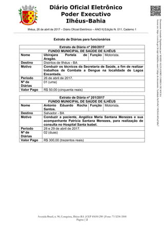 Ilhéus, 26 de abril de 2017 – Diário Oficial Eletrônico – ANO II| Edição N. 011, Caderno 1
Avenida Brasil, n. 90, Conquista, Ilhéus-BA |CEP 45650-290 |Fone: 73 3234-3500
Página | 2
Diário Oficial Eletrônico
Poder Executivo
Ilhéus-Bahia
Extrato de Diárias para funcionários
Extrato de Diária nº 200/2017
FUNDO MUNICIPAL DE SAÚDE DE ILHÉUS
Nome Ubirajara Portela de
Aragão.
Função Motorista.
Destino Distritos de Ilhéus - BA
Motivo Conduzir os técnicos da Secretaria de Saúde, a fim de realizar
trabalhos de Combate a Dengue na localidade de Lagoa
Encantada.
Período 26 de abril de 2017.
Nº de
Diárias
01 (uma)
Valor Pago R$ 50,00 (cinquenta reais)
Extrato de Diária nº 201/2017
FUNDO MUNICIPAL DE SAÚDE DE ILHÉUS
Nome Antonio Eduardo Rocha
Santos.
Função Motorista.
Destino Salvador - BA
Motivo Conduzir a paciente, Angélica Maria Santana Menezes e sua
acompanhante Patrícia Santana Menezes, para realização de
consulta no Hospital Santa Isabel.
Período 28 e 29 de abril de 2017.
Nº de
Diárias
02 (duas)
Valor Pago R$ 300,00 (trezentos reais)
DocumentoAssinadoDigitalmentepor:MARIOALEXANDRECORREADESOUSA
Acesseem:https://e.tcm.ba.gov.br/epp/validaDoc.seamCódigododocumento:5ca8dadc-9a39-49c7-9838-b1483ed7d0c7
 