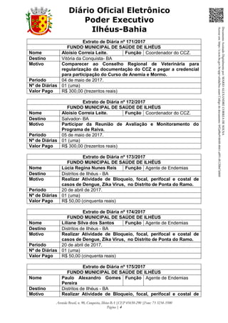 Avenida Brasil, n. 90, Conquista, Ilhéus-BA |CEP 45650-290 |Fone: 73 3234-3500
Página | 4
Diário Oficial Eletrônico
Poder Executivo
Ilhéus-Bahia
Extrato de Diária nº 171/2017
FUNDO MUNICIPAL DE SAÚDE DE ILHÉUS
Nome Aloísio Correia Leite. Função Coordenador do CCZ.
Destino Vitória da Conquista- BA
Motivo Comparecer ao Conselho Regional de Veterinária para
regularização da documentação do CCZ e pegar a credencial
para participação do Curso de Anemia e Mormo.
Período 04 de maio de 2017.
Nº de Diárias 01 (uma)
Valor Pago R$ 300,00 (trezentos reais)
Extrato de Diária nº 172/2017
FUNDO MUNICIPAL DE SAÚDE DE ILHÉUS
Nome Aloísio Correia Leite. Função Coordenador do CCZ.
Destino Salvador- BA
Motivo Participar da Reunião de Avaliação e Monitoramento do
Programa de Raiva.
Período 05 de maio de 2017.
Nº de Diárias 01 (uma)
Valor Pago R$ 300,00 (trezentos reais)
Extrato de Diária nº 173/2017
FUNDO MUNICIPAL DE SAÚDE DE ILHÉUS
Nome Lúcia Regina Nunes Reis Função Agente de Endemias
Destino Distritos de Ilhéus - BA
Motivo Realizar Atividade de Bloqueio, focal, perifocal e costal de
casos de Dengue, Zika Vírus, no Distrito de Ponta do Ramo.
Período 20 de abril de 2017.
Nº de Diárias 01 (uma)
Valor Pago R$ 50,00 (cinquenta reais)
Extrato de Diária nº 174/2017
FUNDO MUNICIPAL DE SAÚDE DE ILHÉUS
Nome Liliane Silva dos Santos Função Agente de Endemias
Destino Distritos de Ilhéus - BA
Motivo Realizar Atividade de Bloqueio, focal, perifocal e costal de
casos de Dengue, Zika Vírus, no Distrito de Ponta do Ramo.
Período 20 de abril de 2017.
Nº de Diárias 01 (uma)
Valor Pago R$ 50,00 (cinquenta reais)
Extrato de Diária nº 175/2017
FUNDO MUNICIPAL DE SAÚDE DE ILHÉUS
Nome Paulo Alexandro Gomes
Pereira
Função Agente de Endemias
Destino Distritos de Ilhéus - BA
Motivo Realizar Atividade de Bloqueio, focal, perifocal e costal de
DocumentoAssinadoDigitalmentepor:MARIOALEXANDRECORREADESOUSA
Acesseem:https://e.tcm.ba.gov.br/epp/validaDoc.seamCódigododocumento:b92a8be9-b648-4661-a891-f6120b67d460
 