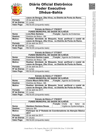 Avenida Brasil, n. 90, Conquista, Ilhéus-BA |CEP 45650-290 |Fone: 73 3234-3500
Página | 5
Diário Oficial Eletrônico
Poder Executivo
Ilhéus-Bahia
casos de Dengue, Zika Vírus, no Distrito de Ponta do Ramo.
Período 20 de abril de 2017.
Nº de Diárias 01 (uma)
Valor Pago R$ 50,00 (cinquenta reais)
Extrato de Diária nº 176/2017
FUNDO MUNICIPAL DE SAÚDE DE ILHÉUS
Nome Livia Reis Santana Função Agente de Endemias
Destino Distritos de Ilhéus - BA
Motivo Realizar Atividade de Bloqueio, focal, perifocal e costal de
casos de Dengue, Zika Vírus, no Distrito de Ponta do Ramo.
Período 20 de abril de 2017.
Nº de Diárias 01 (uma)
Valor Pago R$ 50,00 (cinquenta reais)
Extrato de Diária nº 177/2017
FUNDO MUNICIPAL DE SAÚDE DE ILHÉUS
Nome Francisco Santos Lopes Função Agente de Endemias
Destino Distritos de Ilhéus - BA
Motivo Realizar Atividade de Bloqueio, focal, perifocal e costal de
casos de Dengue, Zika Vírus, no Distrito de Ponta do Ramo.
Período 20 de abril de 2017.
Nº de Diárias 01 (uma)
Valor Pago R$ 50,00 (cinquenta reais)
Extrato de Diária nº 178/2017
FUNDO MUNICIPAL DE SAÚDE DE ILHÉUS
Nome Cicero Mauro Brito Silva Função Agente de Endemias
Destino Distritos de Ilhéus - BA
Motivo Realizar Atividade de Bloqueio, focal, perifocal e costal de
casos de Dengue, Zika Vírus, no Distrito de Ponta do Ramo.
Período 20 de abril de 2017.
Nº de Diárias 01 (uma)
Valor Pago R$ 50,00 (cinquenta reais)
Extrato de Diária nº 179/2017
FUNDO MUNICIPAL DE SAÚDE DE ILHÉUS
Nome Gleidson Santana Souza
Função Chefe de Setor da
Vigilância Epidemiológica
Destino Itabuna- BA
Motivo Participar da 2ª Rodada de Coordenadores da Atenção Básica
2017
Período 20 de abril de 2017.
Nº de Diárias 01 (duas)
Valor Pago R$ 50,00 (cinquenta reais)
DocumentoAssinadoDigitalmentepor:MARIOALEXANDRECORREADESOUSA
Acesseem:https://e.tcm.ba.gov.br/epp/validaDoc.seamCódigododocumento:b92a8be9-b648-4661-a891-f6120b67d460
 
