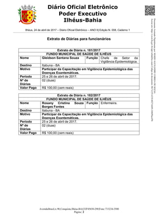 AvenidaBrasil,n.90,Conquista,Ilhéus-BA|CEP45650-290|Fone:733234-3500
Página | 2
Diário Oficial Eletrônico
Poder Executivo
Ilhéus-Bahia
Ilhéus, 24 de abril de 2017 – Diário Oficial Eletrônico – ANO II| Edição N. 008, Caderno 1
Extrato de Diárias para funcionários
Extrato de Diária n. 181/2017
FUNDO MUNICIPAL DE SAÚDE DE ILHÉUS
Nome Gleidson Santana Souza Função Chefe de Setor da
Vigilância Epidemiológica.
Destino Itabuna - BA
Motivo Participar da Capacitação em Vigilância Epidemiológica das
Doenças Exantemáticas.
Período 25 e 26 de abril de 2017.
Nº de
Diárias
02 (duas)
Valor Pago R$ 100,00 (cem reais)
Extrato de Diária n. 182/2017
FUNDO MUNICIPAL DE SAÚDE DE ILHÉUS
Nome Rosany Cristina Souza
Borges Fontes
Função Enfermeira.
Destino Itabuna - BA
Motivo Participar da Capacitação em Vigilância Epidemiológica das
Doenças Exantemáticas.
Período 25 e 26 de abril de 2017.
Nº de
Diárias
02 (duas)
Valor Pago R$ 100,00 (cem reais)
DocumentoAssinadoDigitalmentepor:MARIOALEXANDRECORREADESOUSA
Acesseem:https://e.tcm.ba.gov.br/epp/validaDoc.seamCódigododocumento:8b17c335-415f-4027-b449-184bf9acef5b
 