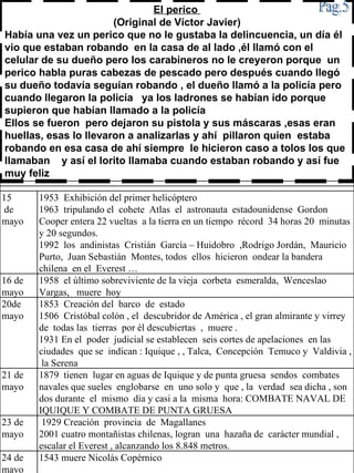 Pag.5 El perico  (Original de Víctor Javier) Había una vez un perico que no le gustaba la delincuencia, un día él vio que estaban robando  en la casa de al lado ,él llamó con el celular de su dueño pero los carabineros no le creyeron porque  un perico habla puras cabezas de pescado pero después cuando llegó su dueño todavía seguían robando , el dueño llamó a la policía pero cuando llegaron la policía  ya los ladrones se habían ido porque supieron que habían llamado a la policía Ellos se fueron  pero dejaron su pistola y sus máscaras ,esas eran huellas, esas lo llevaron a analizarlas y ahí  pillaron quien  estaba robando en esa casa de ahí siempre  le hicieron caso a tolos los que  llamaban  y así el lorito llamaba cuando estaban robando y así fue muy feliz 15 de mayo 1953  Exhibición del primer helicóptero  1963  tripulando el  cohete  Atlas  el  astronauta  estadounidense  Gordon  Cooper entera 22 vueltas  a la tierra en un tiempo  récord  34 horas 20  minutas y 20 segundos.  1992  los  andinistas  Cristián  García – Huidobro  ,Rodrigo Jordán,  Mauricio Purto,  Juan Sebastián  Montes, todos  ellos  hicieron  ondear la bandera chilena  en el  Everest …  16 de mayo 1958  el último sobreviviente de la vieja  corbeta  esmeralda,  Wenceslao Vargas,  muere  hoy 20de mayo 1853  Creación del  barco  de  estado  1506  Cristóbal colón , el  descubridor de América , el gran almirante y virrey  de  todas las  tierras  por él descubiertas  ,  muere . 1931 En el  poder  judicial se establecen  seis cortes de apelaciones  en las  ciudades  que se  indican : Iquique , , Talca,  Concepción  Temuco y  Valdivia ,  la Serena  21 de mayo 1879  tienen  lugar en aguas de Iquique y de punta gruesa  sendos  combates  navales que sueles  englobarse  en  uno solo y  que , la  verdad  sea dicha , son  dos durante  el  mismo  día y casi a la  misma  hora: COMBATE NAVAL DE IQUIQUE Y COMBATE DE PUNTA GRUESA 23 de mayo 1929 Creación  provincia  de  Magallanes  2001 cuatro montañistas chilenas, logran  una  hazaña de  carácter mundial ,  escalar el Everest , alcanzando los 8.848 metros.  24 de mayo 1543 muere Nicolás Copérnico  