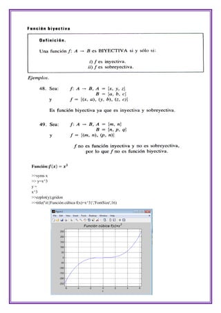 Función: ( )

>>syms x
>> y=x^3
y=
x^3
>>ezplot(y);gridon
>>title('it{Función cúbica f(x)=x^3}','FontSize',16)
 