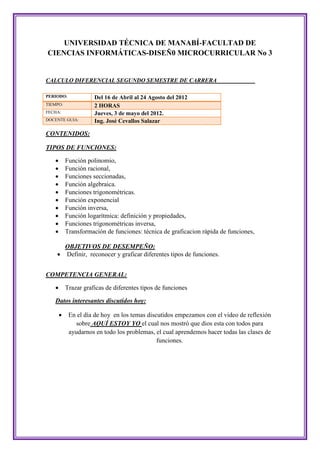 UNIVERSIDAD TÉCNICA DE MANABÍ-FACULTAD DE
CIENCIAS INFORMÁTICAS-DISEÑ0 MICROCURRICULAR No 3


CALCULO DIFERENCIAL SEGUNDO SEMESTRE DE CARRERA

PERIODO:              Del 16 de Abril al 24 Agosto del 2012
TIEMPO:               2 HORAS
FECHA:                Jueves, 3 de mayo del 2012.
DOCENTE GUIA:         Ing. José Cevallos Salazar

CONTENIDOS:

TIPOS DE FUNCIONES:

          Función polinomio,
          Función racional,
          Funciones seccionadas,
          Función algebraica.
          Funciones trigonométricas.
          Función exponencial
          Función inversa,
          Función logarítmica: definición y propiedades,
          Funciones trigonométricas inversa,
          Transformación de funciones: técnica de graficacion rápida de funciones,

      OBJETIVOS DE DESEMPEÑO:
     Definir, reconocer y graficar diferentes tipos de funciones.


COMPETENCIA GENERAL:

          Trazar graficas de diferentes tipos de funciones

   Datos interesantes discutidos hoy:

           En el día de hoy en los temas discutidos empezamos con el video de reflexión
               sobre AQUÍ ESTOY YO el cual nos mostró que dios esta con todos para
            ayudarnos en todo los problemas, el cual aprendemos hacer todas las clases de
                                              funciones.
 