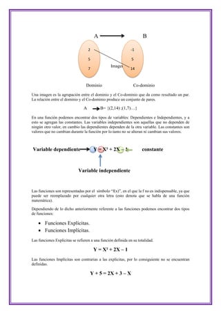 A                            B

                                    2                        -1

                                    5                         5
                                                 Imagen
                                    7                        14



                                  Dominio                      Co-dominio

Una imagen es la agrupación entre el dominio y el Co-dominio que da como resultado un par.
La relación entre el dominio y el Co-dominio produce un conjunto de pares.

                                A           B= {(2,14) ;(1,7)…}

En una función podemos encontrar dos tipos de variables: Dependientes e Independientes, y a
esto se agregan las constantes. Las variables independientes son aquellas que no dependen de
ningún otro valor, en cambio las dependientes dependen de la otra variable. Las constantes son
valores que no cambian durante la función por lo tanto no se alteran ni cambian sus valores.



Variable dependiente                    Y = X² + 2X – 1             constante



                             Variable independiente


Las funciones son representadas por el símbolo “f(x)”, en el que la f no es indispensable, ya que
puede ser reemplazado por cualquier otra letra (esto denota que se habla de una función
matemática).

Dependiendo de lo dicho anteriormente referente a las funciones podemos encontrar dos tipos
de funciones:

     Funciones Explicitas.
     Funciones Implícitas.
Las funciones Explicitas se refieren a una función definida en su totalidad.

                                        Y = X² + 2X – 1
Las funciones Implícitas son contrarias a las explicitas, por lo consiguiente no se encuentran
definidas.

                                    Y + 5 = 2X + 3 – X
 