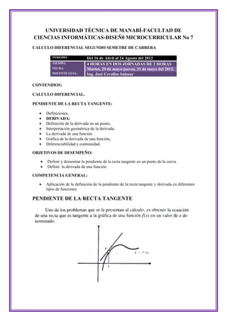 UNIVERSIDAD TÉCNICA DE MANABÍ-FACULTAD DE
CIENCIAS INFORMÁTICAS-DISEÑ0 MICROCURRICULAR No 7
CALCULO DIFERENCIAL SEGUNDO SEMETRE DE CARRERA

          PERIODO:             Del 16 de Abril al 24 Agosto del 2012
          TIEMPO:              4 HORAS EN DOS JORNADAS DE 2 HORAS
          FECHA:               Martes, 29 de mayo-jueves, 31 de mayo del 2012.
          DOCENTE GUIA:        Ing. José Cevallos Salazar

CONTENIDOS:

CALCULO DIFERENCIAL.

PENDIENTE DE LA RECTA TANGENTE:

      Definiciones,
      DERIVADA:
      Definición de la derivada en un punto,
      Interpretación geométrica de la derivada.
      La derivada de una función
      Gráfica de la derivada de una función,
      Diferenciabilidad y continuidad.

OBJETIVOS DE DESEMPEÑO:

      Definir y demostrar la pendiente de la recta tangente en un punto de la curva.
      Definir la derivada de una función.

COMPETENCIA GENERAL:

      Aplicación de la definición de la pendiente de la recta tangente y derivada en diferentes
       tipos de funciones

PENDIENTE DE LA RECTA TANGENTE
 