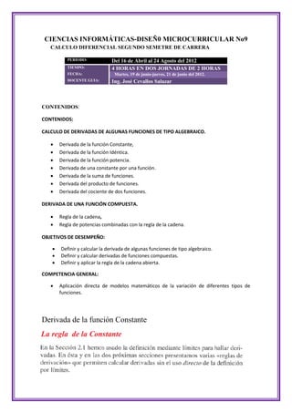 CIENCIAS INFORMÁTICAS-DISEÑ0 MICROCURRICULAR No9
   CALCULO DIFERENCIAL SEGUNDO SEMETRE DE CARRERA

          PERIODO:            Del 16 de Abril al 24 Agosto del 2012
          TIEMPO:             4 HORAS EN DOS JORNADAS DE 2 HORAS
          FECHA:                Martes, 19 de junio-jueves, 21 de junio del 2012.
          DOCENTE GUIA:       Ing. José Cevallos Salazar



CONTENIDOS:

CONTENIDOS:

CALCULO DE DERIVADAS DE ALGUNAS FUNCIONES DE TIPO ALGEBRAICO.

      Derivada de la función Constante,
      Derivada de la función Idéntica.
      Derivada de la función potencia.
      Derivada de una constante por una función.
      Derivada de la suma de funciones.
      Derivada del producto de funciones.
      Derivada del cociente de dos funciones.

DERIVADA DE UNA FUNCIÓN COMPUESTA.

      Regla de la cadena,
      Regla de potencias combinadas con la regla de la cadena.

OBJETIVOS DE DESEMPEÑO:

      Definir y calcular la derivada de algunas funciones de tipo algebraico.
      Definir y calcular derivadas de funciones compuestas.
      Definir y aplicar la regla de la cadena abierta.

COMPETENCIA GENERAL:

      Aplicación directa de modelos matemáticos de la variación de diferentes tipos de
       funciones.




Derivada de la función Constante
 