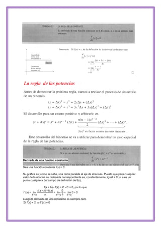 Derivada de una función constante

Sea una función constante f(x) = C.

Su gráfica es, como se sabe, una recta paralela al eje de abscisas. Puesto que para cualquier
valor de la abscisa su ordenada correspondiente es, constantemente, igual a C, si a es un
punto cualquiera del campo de definición de f(x),

                 f(a + h) - f(a) = C - C = 0, por lo que



Luego la derivada de una constante es siempre cero.
 