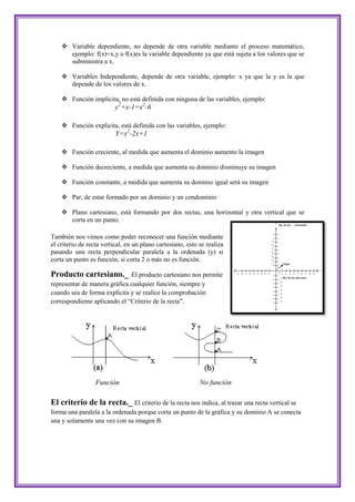  Variable dependiente, no depende de otra variable mediante el proceso matemático,
      ejemplo: f(x)=x,y o f(x)es la variable dependiente ya que está sujeta a los valores que se
      subministra a x.

     Variables Independiente, depende de otra variable, ejemplo: x ya que la y es la que
      depende de los valores de x.

     Función implícita, no está definida con ninguna de las variables, ejemplo:
                          y2+x-1=x2-6

     Función explicita, está definida con las variables, ejemplo:
                          Y=x2-2x+1

     Función creciente, al medida que aumenta el dominio aumento la imagen

     Función decreciente, a medida que aumenta su dominio disminuye su imagen

     Función constante, a medida que aumenta su dominio igual será su imagen

     Par, de estar formado por un dominio y un condominio

     Plano cartesiano, está formando por dos rectas, una horizontal y otra vertical que se
      corta en un punto.

También nos vimos como poder reconocer una función mediante
el criterio de recta vertical, en un plano cartesiano, esto se realiza
pasando una recta perpendicular paralela a la ordenada (y) si
corta un punto es función, si corta 2 o más no es función.

Producto cartesiano._         El producto cartesiano nos permite
representar de manera gráfica cualquier función, siempre y
cuando sea de forma explícita y se realice la comprobación
correspondiente aplicando el “Criterio de la recta”.




                  Función                                   No función

El criterio de la recta._ El criterio de la recta nos indica, al trazar una recta vertical se
forma una paralela a la ordenada porque corta un punto de la gráfica y su dominio A se conecta
una y solamente una vez con su imagen B.
 