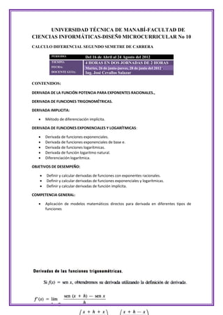 UNIVERSIDAD TÉCNICA DE MANABÍ-FACULTAD DE
CIENCIAS INFORMÁTICAS-DISEÑ0 MICROCURRICULAR No 10
CALCULO DIFERENCIAL SEGUNDO SEMETRE DE CARRERA

           PERIODO:            Del 16 de Abril al 24 Agosto del 2012
           TIEMPO:             4 HORAS EN DOS JORNADAS DE 2 HORAS
           FECHA:              Martes, 26 de junio-jueves, 28 de junio del 2012.
           DOCENTE GUIA:       Ing. José Cevallos Salazar

CONTENIDOS:

DERIVADA DE LA FUNCIÓN POTENCIA PARA EXPONENTES RACIONALES.,

DERIVADA DE FUNCIONES TRIGONOMÉTRICAS.

DERIVADA IMPLICITA:

       Método de diferenciación implícita.

DERIVADA DE FUNCIONES EXPONENCIALES Y LOGARÍTMICAS:

       Derivada de funciones exponenciales.
       Derivada de funciones exponenciales de base e.
       Derivada de funciones logarítmicas.
       Derivada de función logaritmo natural.
       Diferenciación logarítmica.

OBJETIVOS DE DESEMPEÑO:

       Definir y calcular derivadas de funciones con exponentes racionales.
       Definir y calcular derivadas de funciones exponenciales y logarítmicas.
       Definir y calcular derivadas de función implícita.

COMPETENCIA GENERAL:

       Aplicación de modelos matemáticos directos para derivada en diferentes tipos de
        funciones
 