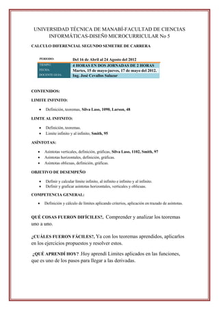 UNIVERSIDAD TÉCNICA DE MANABÍ-FACULTAD DE CIENCIAS
      INFORMÁTICAS-DISEÑ0 MICROCURRICULAR No 5
CALCULO DIFERENCIAL SEGUNDO SEMETRE DE CARRERA


    PERIODO:             Del 16 de Abril al 24 Agosto del 2012
    TIEMPO:              4 HORAS EN DOS JORNADAS DE 2 HORAS
    FECHA:               Martes, 15 de mayo-jueves, 17 de mayo del 2012.
    DOCENTE GUIA:        Ing. José Cevallos Salazar


CONTENIDOS:

LIMITE INFINITO:

      Definición, teoremas, Silva Laso, 1090, Larson, 48

LIMTE AL INFINITO:

      Definición, teoremas.
      Limite infinito y al infinito, Smith, 95

ASÍNTOTAS:

      Asíntotas verticales, definición, gráficas, Silva Laso, 1102, Smith, 97
      Asíntotas horizontales, definición, gráficas.
      Asíntotas oblicuas, definición, gráficas.

OBJETIVO DE DESEMPEÑO

      Definir y calcular límite infinito, al infinito e infinito y al infinito.
      Definir y graficar asíntotas horizontales, verticales y oblicuas.

COMPETENCIA GENERAL:

      Definición y cálculo de límites aplicando criterios, aplicación en trazado de asíntotas.


QUÉ COSAS FUERON DIFÍCILES?, Comprender y analizar los teoremas
uno a uno.

¿CUÁLES FUERON FÁCILES?, Ya con los teoremas aprendidos, aplicarlos
en los ejercicios propuestos y resolver estos.

¿QUÉ APRENDÍ HOY? .Hoy aprendí Limites aplicados en las funciones,
que es uno de los pasos para llegar a las derivadas.
 