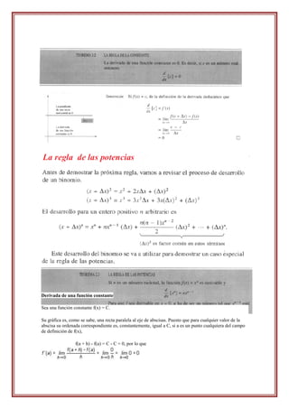 Derivada de una función constante

Sea una función constante f(x) = C.

Su gráfica es, como se sabe, una recta paralela al eje de abscisas. Puesto que para cualquier valor de la
abscisa su ordenada correspondiente es, constantemente, igual a C, si a es un punto cualquiera del campo
de definición de f(x),

                 f(a + h) - f(a) = C - C = 0, por lo que
 