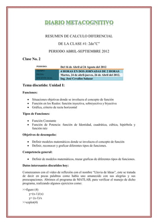 RESUMEN DE CALCULO DIFERENCIAL

                           DE LA CLASE #1: 2do”C”

                     PERIODO ABRIL-SEPTIEMBRE 2012

Clase No. 2
          PERIODO:           Del 16 de Abril al 24 Agosto del 2012
          TIEMPO:            4 HORAS EN DOS JORNADAS DE 2 HORAS
          FECHA:             Martes, 24 de abril-jueves, 26 de Abril del 2012.
          DOCENTE GUIA:      Ing. José Cevallos Salazar

Tema discutido: Unidad I:
Funciones:

      Situaciones objetivas donde se involucra el concepto de función
      Función en los Reales: función inyectiva, sobreyectiva y biyectiva
      Gráfica, criterio de recta horizontal

Tipos de Funciones:

      Función Constante
      Función de Potencia: función de Identidad, cuadrática, cúbica, hipérbola y
       función raíz

Objetivos de desempeño:

      Definir modelos matemáticos donde se involucra el concepto de función
      Definir, reconocer y graficar diferentes tipos de funciones.

Competencia general:

      Definir de modelos matemáticos, trazar graficas de diferentes tipos de funciones.

Datos interesantes discutidos hoy:

Comenzamos con el video de reflexión con el nombre “Lluvia de Ideas”, este se tratada
de decir en pocas palabras como había uno amanecido con sus alegrías y sus
preocupaciones. Abrimos el programa de MATLAB, para verificar el manejo de dicho
programa, realizando algunos ejercicios como:
>>figure (4)
     y=(x-1)/(x)
     y= (x-1)/x
>>ezplot(4)
 