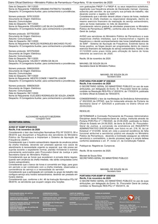 13Diário Oficial Eletrônico • Ministério Público de Pernambuco •Terça-feira, 10 de novembro de 2020
Data do Despacho: 09/11/2020
Nome do Requerente: FABIANA VIRGINIO PATRIOTA TAVARES
Despacho: À Corregedoria Auxiliar, para conhecimento e providências.
Número protocolo: 307813/2020
Documento de Origem: Eletrônico
Assunto: Comunicações
Data do Despacho: 09/11/2020
Nome do Requerente: EDUARDO LUIZ SILVA CAJUEIRO
Despacho: À Corregedoria Auxiliar, para conhecimento e providências.
Número protocolo: 307755/2020
Documento de Origem: Eletrônico
Assunto: Comunicações
Data do Despacho: 09/11/2020
Nome do Requerente: NIVALDO RODRIGUES MACHADO FILHO
Despacho: À Corregedoria Auxiliar, para conhecimento e providências.
Número protocolo: 307270/2020
Documento de Origem: Eletrônico
Assunto: Comunicações
Data do Despacho: 09/11/2020
Nome do Requerente: VALDECY VIEIRA DA SILVA
Despacho: À Corregedoria Auxiliar, para conhecimento e providências.
Número protocolo: 306933/2020
Documento de Origem: Eletrônico
Assunto: Comunicações
Data do Despacho: 09/11/2020
Nome do Requerente: WESTEI CONDE Y MARTIN JUNIOR
Despacho: À Corregedoria Auxiliar, para conhecimento e providências.
Número protocolo: 306829/2020
Documento de Origem: Eletrônico
Assunto: Comunicações
Data do Despacho: 09/11/2020
Nome do Requerente: EUCLIDES RODRIGUES DE SOUZA JÚNIOR
Despacho: À Corregedoria Auxiliar, para conhecimento e providências.
ALEXANDRE AUGUSTO BEZERRA
Corregedor-Geral
SECRETARIA GERAL
Considerando o teor das Instruções Normativas PGJ Nº 03/2015, 06 e
08/2016 que disciplinam a frequência dos servidores do Ministério
Público de Pernambuco e Implantam o Sistema de Apuração de
Frequência (SIAF);
Considerando que o horário extraordinário depende da anuência prévia
da chefia imediata, devendo ser prestado apenas nos casos de
atendimento à necessidade urgente ou especial, que não possa ser
suprida durante o expediente normal, plantão ministerial e eventos
previamente autorizados pelo Procurador-Geral de Justiça e pelo
Secretário-Geral do Ministério Público;
Considerando que as horas que excederem à jornada diária regular,
quando sem anuência da chefia imediata, não serão computadas como
horário extraordinário;
Considerando que o banco de horas é convertido em folga, para gozo
em período a ser combinado com a chefia imediata, observadas a
conveniência do serviço e a necessidade do servidor;
Considerando que a participação em comissão ou grupo de trabalho não
configura serviço e/ou horário extraordinários, devendo ser prestado em
horário distinto;
Considerando que, conforme o Art. 46 da Instrução Normativa PGJ Nº
06/2016, os servidores que ocupam cargos e/ou funções
AVISO Nº SGMP Nº040/2020
Recife, 9 de novembro de 2020
com graticações FMGP–7 e FMGP–8, ou seus respectivos substitutos,
registrarão sua frequência através de Declaração mensal, impressa,
subscrita pelo servidor, de que cumpriu sua jornada de trabalho, não
devendo ocorrer o registro no SIAF;
Considerando que o servidor deverá utilizar o banco de horas, mediante
anuência do chefe imediato ou responsável designado, dentro do
mesmo exercício financeiro da realização do serviço extraordinário,
salvo as horas realizadas no mês de dezembro;
Considerando retorno gradual às atividades presenciais no Ministério
Público de Pernambuco (MPPE), conforme atos do Exmo. Procurador-
Geral de Justiça;
AVISO aos servidores do Ministério Público de Pernambuco e suas
respectivas chefias imediatas, que é imprescindível o registro da
frequência e o devido acompanhamento das horas trabalhadas através
do SIAF - Sistema de Apuração de Frequência. Existindo banco de
horas positivo, as folgas devem ser programadas dentro do mesmo
exercício financeiro da realização do serviço extraordinário, ficando o dia
31/12/2020 como prazo limite para utilização do banco de horas
referente ao exercício de 2020.
Recife, 09 de novembro de 2020.
MAVIAEL DE SOUZA SILVA
Secretário-Geral do Ministério Público
MAVIAEL DE SOUZA SILVA
Secretário-Geral
O SECRETÁRIO GERAL DO MINISTÉRIO PÚBLICO no uso de suas
atribuições, por delegação do Exmo. Sr. Procurador Geral de Justiça,
contidas na Resolução RES-PGJ nº 002/2014, de 17/03/2014, publicada
no Diário Oficial do Estado de 19/03/2014,
CONSIDERANDO o teor da manifestação da Sindicância Administrativa
nº 002/2020 da CPPAD, que foi instaurada através da Portaria da
Secretaria Geral nº 324/2020 e publicada no Diário Oficial em
20/05/2020,
RESOLVE:
DETERMINAR à Comissão Permanente de Processo Administrativo
Disciplinar desta Procuradoria-Geral de Justiça, instituída através da
Portaria POR-PGJ nº 1.790/2020, de 23.09.2020, publicada no Diário
Oficial do Estado em 24.09.2020, de lavra do Exmo. Sr. Procurador-
Geral de Justiça, a conversão da sindicância em INQUÉRITO
ADMINISTRATIVO DISCIPLINAR, com fulcro no art. 218, III, da Lei
Estadual nº 6123/68, tendo em vista a possível existência de falta
funcional atribuível a servidor(a) público em atuação no Ministério
Público de Pernambuco, devendo a Comissão assegurar ao referido
servidor(a) o contraditório, o devido processo legal e a ampla defesa
conforme estabelece o art. 5º, inciso LV, da Constituição Federal.
Publique-se. Registre-se. Cumpra-se.
Recife, 09 de novembro de 2020.
Maviael de Souza Silva
SECRETÁRIO-GERAL DO MINISTÉRIO PÚBLICO
PORTARIA POR-SGMP Nº 658/2020
Recife, 9 de novembro de 2020
MAVIAEL DE SOUZA SILVA
Secretário-Geral
O SECRETÁRIO GERAL DO MINISTÉRIO PÚBLICO no uso de suas
atribuições, por delegação do Exmo. Sr. Procurador Geral de Justiça,
contidas na Resolução RES-PGJ nº 002/2014, de
PORTARIA POR-SGMP Nº 659/2020
Recife, 9 de novembro de 2020
PROCURADOR-GERAL DE JUSTIÇA
Francisco Dirceu Barros
SUBPROCURADORA-GERAL DE JUSTIÇA EM
ASSUNTOS INSTITUCIONAIS:
SUBPROCURADORA-GERAL DE JUSTIÇA EM
ASSUNTOS ADMINISTRATIVOS:
Valdir Barbosa Junior
SUBPROCURADOR-GERAL DE JUSTIÇA EM
ASSUNTOS JURÍDICOS:
Clênio Valença Avelino de Andrade
CORREGEDOR-GERAL
Alexandre Augusto Bezerra
CORREGEDOR-GERAL SUBSTITUTO
Carlos Alberto Pereira Vitório
SECRETÁRIO DE TECNOLOGIA E
INOVAÇÃO
Antônio Rolemberg Feitosa Júnio
SECRETÁRIO-GERAL:
Maviael de Souza Silva
CHEFE DE GABINETE
Paulo Augusto de Freitas Oliveira
COORDENADOR DE GABINETE
Petrúcio José Luna de Aquino
OUVIDOR
Selma Magda Pereira Barbosa Barreto
CONSELHO SUPERIOR
Francisco Dirceu Barros (Presidente)
Alexandre Augusto Bezerra
Rinaldo Jorge da Silva
Fernanda Henriques da Nóbrega
Carlos Alberto Pereira Vitório
Stanley Araújo Corrêa
Fernando Falcão Ferraz Filho
Salomao Abdo Aziz Ismail Filho
 