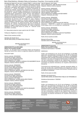 18Diário Oficial Eletrônico • Ministério Público de Pernambuco •Terça-feira, 10 de novembro de 2020
Ministerial de Sede de PJ de nível 2, símbolo FGMP-3, conforme artigo
71 da RESOLUÇÃO – RES - PGJ Nº 002/2014 e alterações posteriores,
quais sejam: I – administrar e gerir as atividades dos servidores, material
, patrimônio, reprografia, apoio logístico e serviços gerais da sede da
Promotoria; II – expedir solicitação, aos setores competentes de
requisição de materiais, equipamentos, mobiliários bem como serviços
de reprografia e de manutenção, necessários ao funcionamento da
Promotoria; III – garantir o perfeito funcionamento e conservação das
instalações físicas, equipamentos, móveis, veículos, rede hidráulica e
elétrica do Prédio onde funciona a sede; IV – visar, mensalmente, a
frequência dos servidores encaminhando o relatório à Coordenadoria
Ministerial de Gestão de Pessoas; V – supervisionar e fiscalizar os
prestadores de serviços nas atividades de: copa, limpeza e
conservação, telefonia e outras; VI – solicitar o suprimento individual,
quando necessário, à Secretaria Geral, visando realização de pequenas
despesas necessárias ao desenvolvimento das atividades da
Promotoria; VII – solicitar, à Secretaria Geral, diária para os servidores,
quando em viagem à serviço da Promotoria; VIII – apoiar os Membros
Delegados do Procurador Geral de Justiça; IX – executar outras
atividades correlatas;
III – Esta portaria entrará em vigor a partir do dia 16/11/2020.
Publique-se. Registre-se. Cumpra-se.
Recife, 09 de novembro de 2020.
MAVIAEL DE SOUZA SILVA
SECRETÁRIO-GERAL DO MINISTÉRIO PÚBLICO
MAVIAEL DE SOUZA SILVA
Secretário-Geral
O Exmo. Sr. Secretário-Geral do Ministério Público de Pernambuco,
Maviael de Souza Silva, exarou os seguintes despachos eletrônicos:
No dia 09/11/2020
Número protocolo: 308109/2020
Documento de Origem: Eletrônico
Assunto: Férias (alteração/utilização)
Data do Despacho: 09/11/2020
Nome do Requerente: GILBERTO GONÇALO DO NASCIMENTO SILVA
Despacho: Autorizo conforme requerido.
Número protocolo: 309349/2020
Documento de Origem: Eletrônico
Assunto: Férias (alteração/utilização)
Data do Despacho: 09/11/2020
Nome do Requerente: MANOEL ANTONIO ELOI DA SILVA
Despacho: Autorizo conforme requerido.
Número protocolo: 308449/2020
Documento de Origem: Eletrônico
Assunto: Férias (alteração/utilização)
Data do Despacho: 09/11/2020
Nome do Requerente: JULIANA MAGALHÃES FRANCA
Despacho: Autorizo conforme requerido.
Número protocolo: 308650/2020
Documento de Origem: Eletrônico
Assunto: Férias (alteração/utilização)
Data do Despacho: 09/11/2020
Nome do Requerente: MARCOS DOS SANTOS ASSUNÇÃO
Despacho: Autorizo conforme requerido.
Número protocolo: 294429/2020
Documento de Origem: Eletrônico
Assunto: Férias (alteração/utilização)
DESPACHOS Nº No dia 09/11/2020
Recife, 9 de novembro de 2020
Data do Despacho: 09/11/2020
Nome do Requerente: JANE HELENA DE SOUSA
Despacho: Autorizo conforme requerido.
Número protocolo: 309529/2020
Documento de Origem: Eletrônico
Assunto: Férias (alteração/utilização)
Data do Despacho: 09/11/2020
Nome do Requerente: RODRIGO GAYGER AMARO
Despacho: Autorizado pela chefia
Número protocolo: 309249/2020
Documento de Origem: Eletrônico
Assunto: Férias (alteração/utilização)
Data do Despacho: 09/11/2020
Nome do Requerente: ALMIR DOUGLAS DE FREITAS
Despacho: INDEFIRO o pedido de suspensão/alteração de
férias.Segue para as providências necessárias.
Número protocolo: 300276/2020
Documento de Origem: Eletrônico
Assunto: Férias (alteração/utilização)
Data do Despacho: 09/11/2020
Nome do Requerente: CATARINA ALVES DE FIGUEREDO
Despacho: Autorizo conforme requerido.
Recife, 09 de novembro de 2020.
Maviael de Souza Silva
Secretário-Geral do Ministério Público
MAVIAEL DE SOUZA SILVA
Secretário-Geral
Sindicância Administrativa nº 002/2020
DESPACHO
Acolho, com fundamento no art. 218, III, da Lei Estadual n. 6.123/1968,
assim como nas atribuições constantes do art. 76, XIX da Resolução
RES-PGJ n. 002/2014, publicada no DOE de 19/3/2014, a manifestação
apresentada pela Comissão Permanente de Processo Administrativo-
Disciplinar, nos autos da Sindicância Administrativa nº 002/2020, uma
vez que comprovada a existência de irregularidade imputável a
servidor(a) do Ministério Público de Pernambuco, determinando a
conversão da presente Sindicância em Inquérito Administrativo
Disciplinar
Comunique-se ao sindicado(a) para, querendo, apresentar defesa, no
prazo de 10 (dez) dias, encaminhando-se em seguida aos autos à
Comissão Permanente de Processo Administrativo Disciplinar para as
providências necessárias.
Recife, 20 de outubro de 2020.
MAVIAEL DE SOUZA SILVA
SECRETÁRIO-GERAL DO MINISTÉRIO PÚBLICO DE PERNAMBUCO
Sindicância Administrativa nº 006/2020
DESPACHO
Acolho, com fundamento no art. 218, III, da Lei Estadual n. 6.123/1968,
assim como nas atribuições constantes do art. 76, XIX da Resolução
RES-PGJ n. 002/2014, publicada no DOE de 19/3/2014, a manifestação
apresentada pela Comissão Permanente de Processo Administrativo-
Disciplinar, nos autos da Sindicância Administrativa nº 006/2020, uma
vez que comprovada a existência de irregularidade imputável a
servidor(a) do Ministério Público de Pernambuco, determinando a
conversão da presente Sindicância em Inquérito Administrativo
Disciplinar
DESPACHOS Nº despachos ´´
Recife, 9 de novembro de 2020
PROCURADOR-GERAL DE JUSTIÇA
Francisco Dirceu Barros
SUBPROCURADORA-GERAL DE JUSTIÇA EM
ASSUNTOS INSTITUCIONAIS:
SUBPROCURADORA-GERAL DE JUSTIÇA EM
ASSUNTOS ADMINISTRATIVOS:
Valdir Barbosa Junior
SUBPROCURADOR-GERAL DE JUSTIÇA EM
ASSUNTOS JURÍDICOS:
Clênio Valença Avelino de Andrade
CORREGEDOR-GERAL
Alexandre Augusto Bezerra
CORREGEDOR-GERAL SUBSTITUTO
Carlos Alberto Pereira Vitório
SECRETÁRIO DE TECNOLOGIA E
INOVAÇÃO
Antônio Rolemberg Feitosa Júnio
SECRETÁRIO-GERAL:
Maviael de Souza Silva
CHEFE DE GABINETE
Paulo Augusto de Freitas Oliveira
COORDENADOR DE GABINETE
Petrúcio José Luna de Aquino
OUVIDOR
Selma Magda Pereira Barbosa Barreto
CONSELHO SUPERIOR
Francisco Dirceu Barros (Presidente)
Alexandre Augusto Bezerra
Rinaldo Jorge da Silva
Fernanda Henriques da Nóbrega
Carlos Alberto Pereira Vitório
Stanley Araújo Corrêa
Fernando Falcão Ferraz Filho
Salomao Abdo Aziz Ismail Filho
 