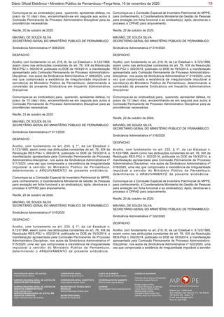 19Diário Oficial Eletrônico • Ministério Público de Pernambuco •Terça-feira, 10 de novembro de 2020
Comunique-se ao sindicado(a) para, querendo, apresentar defesa, no
prazo de 10 (dez) dias, encaminhando-se em seguida aos autos à
Comissão Permanente de Processo Administrativo Disciplinar para as
providências necessárias.
Recife, 20 de outubro de 2020.
MAVIAEL DE SOUZA SILVA
SECRETÁRIO-GERAL DO MINISTÉRIO PÚBLICO DE PERNAMBUCO
Sindicância Administrativa nº 008/2020
DESPACHO
Acolho, com fundamento no art. 218, III, da Lei Estadual n. 6.123/1968,
assim como nas atribuições constantes do art. 76, XIX da Resolução
RES-PGJ n. 002/2014, publicada no DOE de 19/3/2014, a manifestação
apresentada pela Comissão Permanente de Processo Administrativo-
Disciplinar, nos autos da Sindicância Administrativa nº 008/2020, uma
vez que comprovada a existência de irregularidade imputável a
servidor(a) do Ministério Público de Pernambuco, determinando a
conversão da presente Sindicância em Inquérito Administrativo
Disciplinar
Comunique-se ao sindicado(a) para, querendo, apresentar defesa, no
prazo de 10 (dez) dias, encaminhando-se em seguida aos autos à
Comissão Permanente de Processo Administrativo Disciplinar para as
providências necessárias.
Recife, 23 de outubro de 2020.
MAVIAEL DE SOUZA SILVA
SECRETÁRIO-GERAL DO MINISTÉRIO PÚBLICO DE PERNAMBUCO
Sindicância Administrativa nº 011/2020
DESPACHO
Acolho, com fundamento no art. 235, § 1º, da Lei Estadual n.
6.123/1968, assim como nas atribuições constantes do art. 76, XIX da
Resolução RES-PGJ n. 002/2014, publicada no DOE de 19/3/2014, a
manifestação apresentada pela Comissão Permanente de Processo
Administrativo-Disciplinar, nos autos da Sindicância Administrativa nº
011/2020, uma vez que comprovada a inexistência de irregularidade
imputável a servidor do Ministério Público de Pernambuco,
determinando o ARQUIVAMENTO da presente sindicância.
Comunique-se a Comissão Especial de Inventário Patrimonial do MPPE,
para conhecimento, à Coordenadoria Ministerial de Gestão de Pessoas
para anotação em ficha funcional e ao sindicado(a). Após, devolva-se o
processo à CPPAD para arquivamento.
Recife, 20 de outubro de 2020.
MAVIAEL DE SOUZA SILVA
SECRETÁRIO-GERAL DO MINISTÉRIO PÚBLICO DE PERNAMBUCO
Sindicância Administrativa nº 015/2020
DESPACHO
Acolho, com fundamento no art. 235, § 1º, da Lei Estadual n.
6.123/1968, assim como nas atribuições constantes do art. 76, XIX da
Resolução RES-PGJ n. 002/2014, publicada no DOE de 19/3/2014, a
manifestação apresentada pela Comissão Permanente de Processo
Administrativo-Disciplinar, nos autos da Sindicância Administrativa nº
015/2020, uma vez que comprovada a inexistência de irregularidade
imputável a servidor do Ministério Público de Pernambuco,
determinando o ARQUIVAMENTO da presente sindicância.
Comunique-se a Comissão Especial de Inventário Patrimonial do MPPE,
para conhecimento, à Coordenadoria Ministerial de Gestão de Pessoas
para anotação em ficha funcional e ao sindicado(a). Após, devolva-se o
processo à CPPAD para arquivamento.
Recife, 20 de outubro de 2020.
MAVIAEL DE SOUZA SILVA
SECRETÁRIO-GERAL DO MINISTÉRIO PÚBLICO DE PERNAMBUCO
Sindicância Administrativa nº 014/2020
DESPACHO
Acolho, com fundamento no art. 218, III, da Lei Estadual n. 6.123/1968,
assim como nas atribuições constantes do art. 76, XIX da Resolução
RES-PGJ n. 002/2014, publicada no DOE de 19/3/2014, a manifestação
apresentada pela Comissão Permanente de Processo Administrativo-
Disciplinar, nos autos da Sindicância Administrativa nº 014/2020, uma
vez que comprovada a existência de irregularidade imputável a
servidor(a) do Ministério Público de Pernambuco, determinando a
conversão da presente Sindicância em Inquérito Administrativo
Disciplinar
Comunique-se ao sindicado(a) para, querendo, apresentar defesa, no
prazo de 10 (dez) dias, encaminhando-se em seguida aos autos à
Comissão Permanente de Processo Administrativo Disciplinar para as
providências necessárias.
Recife, 23 de outubro de 2020.
MAVIAEL DE SOUZA SILVA
SECRETÁRIO-GERAL DO MINISTÉRIO PÚBLICO DE PERNAMBUCO
Sindicância Administrativa nº 016/2020
DESPACHO
Acolho, com fundamento no art. 235, § 1º, da Lei Estadual n.
6.123/1968, assim como nas atribuições constantes do art. 76, XIX da
Resolução RES-PGJ n. 002/2014, publicada no DOE de 19/3/2014, a
manifestação apresentada pela Comissão Permanente de Processo
Administrativo-Disciplinar, nos autos da Sindicância Administrativa nº
016/2020, uma vez que comprovada a inexistência de irregularidade
imputável a servidor do Ministério Público de Pernambuco,
determinando o ARQUIVAMENTO da presente sindicância.
Comunique-se a Comissão Especial de Inventário Patrimonial do MPPE,
para conhecimento, à Coordenadoria Ministerial de Gestão de Pessoas
para anotação em ficha funcional e ao sindicado(a). Após, devolva-se o
processo à CPPAD para arquivamento.
Recife, 20 de outubro de 2020.
MAVIAEL DE SOUZA SILVA
SECRETÁRIO-GERAL DO MINISTÉRIO PÚBLICO DE PERNAMBUCO
Sindicância Administrativa nº 022/2020
DESPACHO
Acolho, com fundamento no art. 218, III, da Lei Estadual n. 6.123/1968,
assim como nas atribuições constantes do art. 76, XIX da Resolução
RES-PGJ n. 002/2014, publicada no DOE de 19/3/2014, a manifestação
apresentada pela Comissão Permanente de Processo Administrativo-
Disciplinar, nos autos da Sindicância Administrativa nº 022/2020, uma
vez que comprovada a existência de irregularidade imputável a servidor
PROCURADOR-GERAL DE JUSTIÇA
Francisco Dirceu Barros
SUBPROCURADORA-GERAL DE JUSTIÇA EM
ASSUNTOS INSTITUCIONAIS:
SUBPROCURADORA-GERAL DE JUSTIÇA EM
ASSUNTOS ADMINISTRATIVOS:
Valdir Barbosa Junior
SUBPROCURADOR-GERAL DE JUSTIÇA EM
ASSUNTOS JURÍDICOS:
Clênio Valença Avelino de Andrade
CORREGEDOR-GERAL
Alexandre Augusto Bezerra
CORREGEDOR-GERAL SUBSTITUTO
Carlos Alberto Pereira Vitório
SECRETÁRIO DE TECNOLOGIA E
INOVAÇÃO
Antônio Rolemberg Feitosa Júnio
SECRETÁRIO-GERAL:
Maviael de Souza Silva
CHEFE DE GABINETE
Paulo Augusto de Freitas Oliveira
COORDENADOR DE GABINETE
Petrúcio José Luna de Aquino
OUVIDOR
Selma Magda Pereira Barbosa Barreto
CONSELHO SUPERIOR
Francisco Dirceu Barros (Presidente)
Alexandre Augusto Bezerra
Rinaldo Jorge da Silva
Fernanda Henriques da Nóbrega
Carlos Alberto Pereira Vitório
Stanley Araújo Corrêa
Fernando Falcão Ferraz Filho
Salomao Abdo Aziz Ismail Filho
 