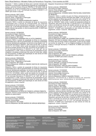 4Diário Oficial Eletrônico • Ministério Público de Pernambuco •Terça-feira, 10 de novembro de 2020
Despacho: 1. Defiro o pedido de férias para o período indicado pelo
requerente, as quais foram originalmente suspensas por necessidade do
serviço, conforme Portaria Conjunta PRE/PGJ nº 001/2020, DOE de
04/06/2020, em virtude da atuação junto à 1ª Instância Eleitoral de PE,
nos termos do Art. 13, § 1º da Instrução Normativa nº 004/2017. 2. À
CMGP para anotar e arquivar.
Número protocolo: 309711/2020
Documento de Origem: Eletrônico
Assunto: Férias - Suspensão ou Interrupção
Data do Despacho: 09/11/2020
Nome do Requerente: SANDRA RODRIGUES CAMPOS
Despacho: Defiro o pedido de alteração de férias da requerente,
programadas para o período de novembro/2020, por imperiosa
necessidade do serviço devidamente justificada, nos termos do que
dispõe o art. 12 da Instrução Normativa nº 004/2017. Defiro ainda que o
período alterado seja gozado no mês de dezembro/2020. À CMGP para
anotar e arquivar.
Número protocolo: 307289/2020
Documento de Origem: Eletrônico
Assunto: Férias - Suspensão ou Interrupção
Data do Despacho: 09/11/2020
Nome do Requerente: FERNANDO DELLA LATTA CAMARGO
Despacho: Defiro o pedido de suspensão de férias do requerente,
programadas para o mês de novembro/2020, por imperiosa necessidade
do serviço devidamente justificada, nos termos do que dispõe o art. 12
da Instrução Normativa nº 004/2017, pelo prazo de dez dias, no período
de 03/11 a 12/11/2020. Defiro ainda seu pedido de conversão em
pecúnia do aludido período de dez dias, nos termos do que dispõe o art.
21 da Instrução Normativa nº 004/2017 e art. 220, §3º, da Lei
Complementar nº 12/94, ciente do requerente da necessidade de gozo
obrigatório, simultâneo e ininterrupto dos outros 20 (vinte) dias, vedado
seu fracionamento. À CMGP para implantação do valor devido em folha
de pagamento, anotar e arquivar.
Número protocolo: 308529/2020
Documento de Origem: Eletrônico
Assunto: Férias - Suspensão ou Interrupção
Data do Despacho: 09/11/2020
Nome do Requerente: DANIELLE RIBEIRO DANTAS DE CARVALHO
CLEMENTINO
Despacho: Defiro o pedido de suspensão de férias do requerente,
programadas para o mês de dezembro/2020, por imperiosa necessidade
do serviço devidamente justificada, nos termos do que dispõe o art. 12
da Instrução Normativa nº 004/2017, pelo prazo de dez dias, no período
de 01/12 a 10/12/2020. Defiro ainda seu pedido de conversão em
pecúnia do aludido período de dez dias, nos termos do que dispõe o art.
21 da Instrução Normativa nº 004/2017 e art. 220, §3º, da Lei
Complementar nº 12/94, ciente do requerente da necessidade de gozo
obrigatório, simultâneo e ininterrupto dos outros 20 (vinte) dias, vedado
seu fracionamento. À CMGP para implantação do valor devido em folha
de pagamento, anotar e arquivar.
Número protocolo: 310310/2020
Documento de Origem: Eletrônico
Assunto: Compensação de plantão
Data do Despacho: 09/11/2020
Nome do Requerente: PATRÍCIA DA FONSECA LAPENDA PIMENTEL
Despacho: Autorizo excepcionalmente. Registre-se, arquivando-se em
seguida em pasta própria.
Número protocolo: 310229/2020
Documento de Origem: Eletrônico
Assunto: Comunicações
Data do Despacho: 09/11/2020
Nome do Requerente: DELANE BARROS DE ARRUDA MENDONÇA
Despacho: Encaminhe-se à CMGP para anotar e arquivar.
Número protocolo: 305049/2020
Documento de Origem: Eletrônico
Assunto: Férias atrasadas - Indenização
Data do Despacho: 09/11/2020
Nome do Requerente: VIVIANNE MARIA FREITAS MELO MONTEIRO
DE MENEZES
Despacho: Defiro o pedido de gozo de férias remanescentes da
requerente, conforme período informado pela CMGP, a fim de que seu
período originário de férias seja gozado, de acordo com a alínea "b" do
Aviso nº 032/2020, de 19/10/2020, por um período de 20 (vinte) dias, a
partir de 12/03/2021. Defiro, ainda, o pedido de suspensão de férias do
requerente, pelo prazo de dez dias, no período de 01 a 10/12/2020 e
ainda a conversão em pecúnia do aludido período de dez dias, nos
termos do que dispõe o art. 21, § 2º, da Instrução Normativa nº
004/2017. À CMGP para implantação do valor devido em folha de
pagamento, anotar e arquivar. (Republicado)
Número protocolo: 309709/2020
Documento de Origem: Eletrônico
Assunto: Licença Médica
Data do Despacho: 09/11/2020
Nome do Requerente: ISABEL DE LIZANDRA PENHA ALVES
Despacho: Em face do atestado médico acostado aos autos, concedo
30 (trinta) dias de licença médica à requerente, a partir de 03/11/2020,
nos termos do artigo 64, I, da Lei Orgânica Estadual do Ministério
Público e Instrução Normativa nº 005/2018. À CMGP para anotar e
arquivar.
Número protocolo: 310070/2020
Documento de Origem: Eletrônico
Assunto: Comunicações
Data do Despacho: 09/11/2020
Nome do Requerente: JOÃO LUIZ DA FONSECA LAPENDA
Despacho: À CMGP para anotar e arquivar.
Número protocolo: 310111/2020
Documento de Origem: Eletrônico
Assunto: Alteração ou anotação em ficha funcional
Data do Despacho: 09/11/2020
Nome do Requerente: JOSÉ DA COSTA SOARES
Despacho: Encaminhe-se à CMGP para anotar e arquivar.
Número protocolo: 310109/2020
Documento de Origem: Eletrônico
Assunto: Comunicação Coronavírus
Data do Despacho: 09/11/2020
Nome do Requerente: RÔMULO SIQUEIRA FRANÇA
Despacho: Encaminhe-se a SubProcuradoria em assuntos
Administrativos para conhecimento e providências.
Número protocolo: 303350/2020
Documento de Origem: Eletrônico
Assunto: Férias - Indenização
Data do Despacho: 09/11/2020
Nome do Requerente: RICARDO LAPENDA FIGUEIROA
Despacho: Defiro o pedido de gozo de férias remanescentes do
requerente, conforme período informado pela CMGP, a fim de que seu
período originário de férias seja gozado, de acordo com a alínea "a" do
Aviso nº 032/2020, de 19/10/2020, por um período de 20 (vinte) dias, a
partir de 03/11/2020. Defiro, ainda, o pedido de suspensão de férias do
requerente, pelo prazo de dez dias, no período de 23/11 a 02/12/2020 e
ainda a conversão em pecúnia do aludido período de dez dias, nos
termos do que dispõe o art. 21, § 2º, da Instrução Normativa nº
004/2017. À CMGP para implantação do valor devido em folha de
pagamento, anotar e arquivar.
Número protocolo: 309649/2020
Documento de Origem: Eletrônico
Assunto: Comunicações
Data do Despacho: 09/11/2020
PROCURADOR-GERAL DE JUSTIÇA
Francisco Dirceu Barros
SUBPROCURADORA-GERAL DE JUSTIÇA EM
ASSUNTOS INSTITUCIONAIS:
SUBPROCURADORA-GERAL DE JUSTIÇA EM
ASSUNTOS ADMINISTRATIVOS:
Valdir Barbosa Junior
SUBPROCURADOR-GERAL DE JUSTIÇA EM
ASSUNTOS JURÍDICOS:
Clênio Valença Avelino de Andrade
CORREGEDOR-GERAL
Alexandre Augusto Bezerra
CORREGEDOR-GERAL SUBSTITUTO
Carlos Alberto Pereira Vitório
SECRETÁRIO DE TECNOLOGIA E
INOVAÇÃO
Antônio Rolemberg Feitosa Júnio
SECRETÁRIO-GERAL:
Maviael de Souza Silva
CHEFE DE GABINETE
Paulo Augusto de Freitas Oliveira
COORDENADOR DE GABINETE
Petrúcio José Luna de Aquino
OUVIDOR
Selma Magda Pereira Barbosa Barreto
CONSELHO SUPERIOR
Francisco Dirceu Barros (Presidente)
Alexandre Augusto Bezerra
Rinaldo Jorge da Silva
Fernanda Henriques da Nóbrega
Carlos Alberto Pereira Vitório
Stanley Araújo Corrêa
Fernando Falcão Ferraz Filho
Salomao Abdo Aziz Ismail Filho
 
