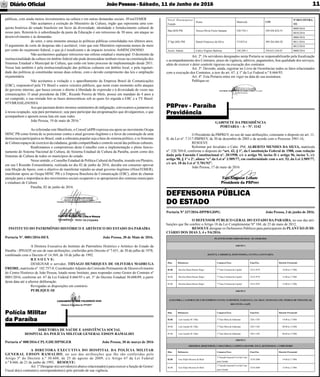 JoãoPessoa- Sábado, 11 de Junho de 2016Diário Oﬁcial 11
DIRETORIA DE SAÚDE E ASSISTÊNCIA SOCIAL
HOSPITAL DA POLÍCIA MILITAR GENERAL EDSON RAMALHO
Portaria nº 008/2016-CPL/GDE/HPMGER João Pessoa, 30 de março de 2016
A DIRETORA EXECUTIVA DO HOSPITAL DA POLÍCIA MILITAR
GENERAL EDSON RAMALHO, no uso das atribuições que lhe são conferidas pelo
Artigo 5º do Decreto n.º 30.608, de 25 de agosto de 2009, c/c Artigo 67 da Lei Federal
n.º 8.666, de 21 de junho de 1993, RESOLVE:
Art. 1º Designar o(s) servidor(es) abaixo relacionado(s) para exercer a função de Gestor/
Fiscal do(s) contrato(s) correspondente(s) pelo período de sua vigência.
Polícia Militar
da Paraíba
GABINETE DA PRESIDÊNCIA
PORTARIA – A – Nº. 1142
O Presidente da PBPREV, no uso de suas atribuições, consoante o disposto no art. 11,
II, da Lei nº. 7.517-PBPREV, de 30 de dezembro de 2003 e de acordo com o Processo 3981-16,
RESOLVE
Reformar por Invalidez o Cabo PM, ALBERTO MENDES DA SILVA, matrícula
nº. 520.769-0, conforme o disposto do “art. 42, § 1º, da Constituição Federal de 1988, com redação
dada pela Emenda Constitucional nº. 20/1998, c/c o artigo 94, inciso II e artigo 96, inciso V, c/c
artigo 98, § 1º e 2º, alínea “c” da Lei nº 3.909/77, em conformidade com o art. 53, da Lei 3.909/77,
c/c art. 18 da Lei nº 5.701/93”.
João Pessoa, 17 de maio de 2016.
PBPrev - Paraíba
Previdência
Portaria Nº 337/2016-DPPB/GDPG João Pessoa, 3 de junho de 2016.
O DEFENSOR PÚBLICO GERAL DO ESTADO DA PARAIBA, no uso das atri-
buições que lhe confere o Artigo 18 da Lei Complementar Nº 104, de 23 de maio de 2012,
RESOLVE designar os Defensores Públicos para participarem do PLANTÃO JUDI-
CIÁRIO DOS DIAS 3, 4 e 5/6/2016.
PLANTÃO JUDICIÁRIO DO DIAS - 03 A 05.06.2016
GRUPO 1
BAYEUX, CABEDELO, JOÃO PESSOA, LUCENA e SANTA RITA
Dias Defensores Comarca/Vara Fone/Fax Horário Presencial
03.06 Hercília Maria Ramos Régis 7ª Vara Criminal da Capital 3214-3974 14:00 às 17:00h
04.06 Hercília Maria Ramos Régis 7ª Vara Criminal da Capital 3214-3974 13:00 às 17:00h
05.06 Hercília Maria Ramos Régis 7ª Vara Criminal da Capital 3214-3974 13:00 às 17:00h
GRUPO 2
ALHANDRA, CAAPORÃ,CRUZ DO ESPÍRITO SANTO, GURINHÉM, ITABAIANA, JACARAÚ, MAMANGUAPE, PEDRAS DE FOGO,PILAR,
RIO TINTO e SAPÉ
Dias Defensores Comarca/Vara Fone/Fax Horário Presencial
03.06 Luis Guedes M. Filho 1ª Vara Mista de Itabaiana 3281-1383 14:00 às 17:00h
04.06 Luis Guedes M. Filho 1ª Vara Mista de Itabaiana 3281-1383 08:00 às 12:00h
05.06 Luis Guedes M. Filho 1ª Vara Mista de Itabaiana 3281-1383 08:00 às 12:00h
GRUPO 3
AROEIRAS, BOQUEIRÃO, CABACEIRAS, CAMPINA GRANDE, INGÁ, QUEIMADAS e UMBUZEIRO
Dias Defensores Comarca/Vara Fone/Fax Horário Presencial
03.06 José Alípio Bezerra de Melo
1º Juizado Especial Cível de Cam-
pina Grande
3310-2400 14:00 às 17:00h
04.06 José Alípio Bezerra de Melo
1º Juizado Especial Cível de Cam-
pina Grande
3310-2400 13:00 às 17:00h
DEFENSORIA PÚBLICA
DO ESTADO
Nível Hierárquico/
Função
Nome Matrícula CPF
NºDOCONTRA-
TO
Maj QOS PM Tereza Olivia Freire Santana 520.754-1 549.456.824-53
0009/2016
0010/2016
2º Sgt QSG PM Daniel Francisco da Silva 511833-6 309.264.404-20
0006/2016
0011/2016
0012/2016
Assist. Admin. Carlos Virgínio Barbosa 148.289-1 250.633.244-87 0008/2016
Art. 2º. Os servidores designados nesta Portaria se responsabilizarão pela ﬁscalização
e acompanhamento dos Contratos, prazo de vigência, aditivos, pagamentos, boa qualidade dos serviços,
além de exercer e deter controle rigoroso na execução dos contratos.
Art. 3º. Deverão, ainda, registrar no Livro de Ocorrências todos os fatos relacionados
com a execução dos Contratos, a teor do art. 67, § 1º da Lei Federal n.º 8.666/93.
Art. 4º. Esta Portaria entra em vigor na data de sua assinatura.
Publique-se.
INSTITUTO DO PATRIMÔNIO HISTÓRICO E ARTÍSTICO DO ESTADO DA PARAÍBA
Portaria Nº. 0001/2016-DEX João Pessoa, 30 de Maio de 2016.
A Diretora Executiva do Instituto do Patrimônio Histórico e Artístico do Estado da
Paraíba - IPHAEP, no uso de suas atribuições, conferidas pelo Decreto nº 7.651, de 30 de julho de 1978,
combinado com o Decreto nº 14.569, de 10 de julho de 1992.
R E S O L V E:
DESIGNAR o servidor, THYAGO HENRIQUES DE OLIVEIRA MADRUGA
FREIRE, matrícula nº. 182.757-0, CoordenadorAdjunto da Comissão Permanente de Desenvolvimento
do Centro Histórico de João Pessoa, lotado neste Instituto, para responder como Gestor do Contrato nº
0001/2016, conforme art. 67 da Lei Federal 8.666/93 e art. 5° do Decreto Estadual 30.608/09, a partir
desta data até a ulterior deliberação.
Revogadas as disposições em contrário.
PUBLIQUE-SE
públicas, com ainda menos investimentos na cultura e em outras demandas sociais. #ForaTEMER
Não aceitamos a extinção do Ministério da Cultura, órgão que representa uma con-
quista histórica do estado brasileiro em favor da diversidade, identidade e fortalecimento cultural de
nosso país. Retorná-lo à subordinação da pasta da Educação é um retrocesso de 30 anos, um ataque ao
desenvolvimento e às demandas
do setor, e uma iminente ameaça às políticas públicas consolidadas nos últimos anos.
O argumento de corte de despesas não é aceitável, visto que este Ministério representa menos de meio
por cento do orçamento federal, o que já é insuﬁciente e de impacto irrisório. #oMINCéNOSSO
Não aceitaremos qualquer retrocesso nas esferas estadual e municipal. O desmonte da
institucionalidade da cultura em âmbito federal não pode desencadear nenhum recuo na constituição dos
Sistemas Estadual e Municipal de Cultura, que estão em lento processo de implementação desde 2011.
Nossa luta também é pela institucionalização das políticas culturais em âmbito local, e pela regulari-
dade das políticas já constituídas nessas duas esferas, com o devido cumprimento das leis e ampliação
orçamentária.
Não aceitamos a violação e o aparelhamento da Empresa Brasil de Comunicações
(EBC), responsável pela TV Brasil e outros veículos públicos, que neste exato momento sofre ataques
do governo interino, que busca cercear o direito à liberdade de expressão e à diversidade de vozes nas
comunicações. O atual presidente da EBC, Ricardo Pereira de Melo, possui um mandato de 4 anos a
ser cumprido, e sua retirada fere as bases democráticas sob as quais foi erguida a EBC e a TV Brasil.
#TVBRASILéNOSSA
Aos que pactuam destes mesmos sentimentos de indignação, convocamos a juntarem-se
à nossa ocupação, seja para permanecer, seja para participar das programações que divulgaremos, e que
acompanhem e apoiem nossa luta em suas redes.
João Pessoa, 19 de maio de 2016.”
Ao referendar este Manifesto, o ConseCultPB expressa seu apoio ao movimento Ocupa
MINC PB como forma de se posicionar contra o atual governo ilegítimo e a favor da construção de uma
democracia participativa no Brasil, onde a soberania popular seja a base do sistema político, e os Sistemas
de Cultura espaços de exercício da cidadania, gestão compartilhada e controle social das políticas culturais.
Reaﬁrmamos o compromisso deste Conselho com a implementação e pleno funcio-
namento do Sistema Nacional de Cultura, do Sistema Estadual de Cultura da Paraíba, assim como dos
Sistemas de Cultura de todos os municípios do estado.
Nesse sentido, o Conselho Estadual de Política Cultural da Paraíba, reunido em Plenário,
em sua I Reunião Extraordinária, realizada no dia 02 de junho de 2016, decidiu em consenso aprovar
esta Moção de Apoio, com o objetivo de manifestar repúdio ao atual governo ilegítimo (#foraTEMER),
manifestar apoio ao Ocupa MINC PB e à Empresa Brasileira de Comunicação (EBC), além de chamar
atenção para a importância dos movimentos sociais ocuparem e se apropriarem dos sistemas municipais
e estaduais de Cultura.
Paraíba, 02 de junho de 2016.
 